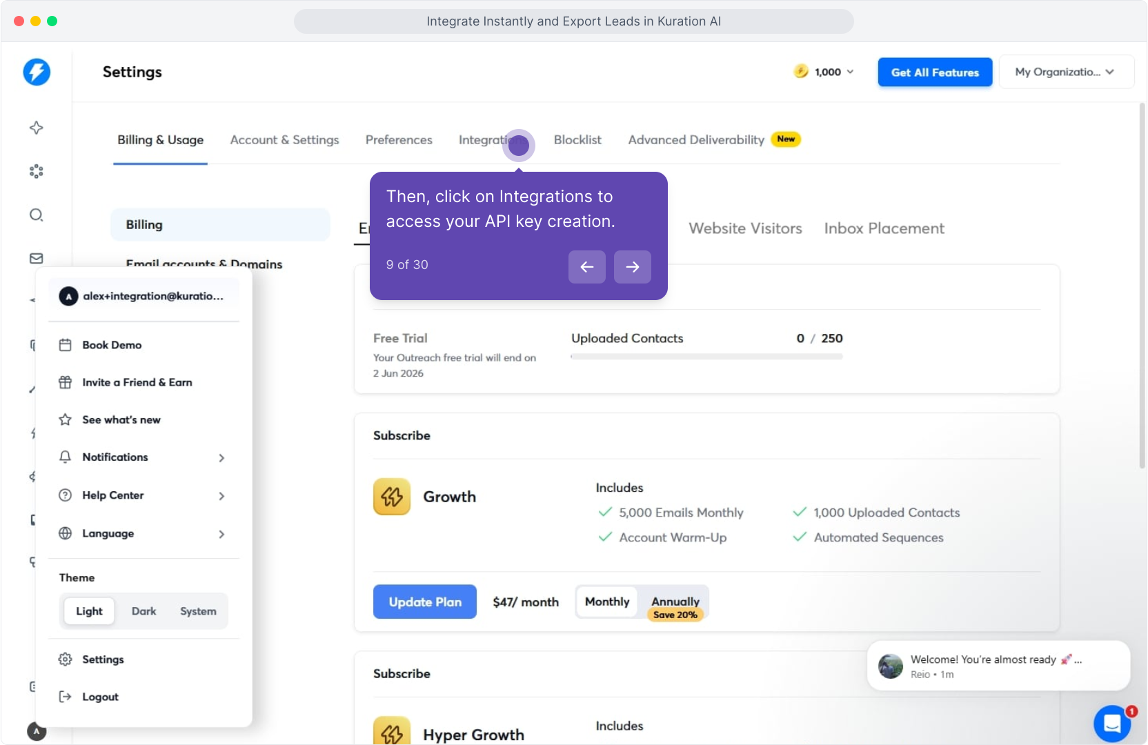 Instantly settings tabs with Integrations highlighted