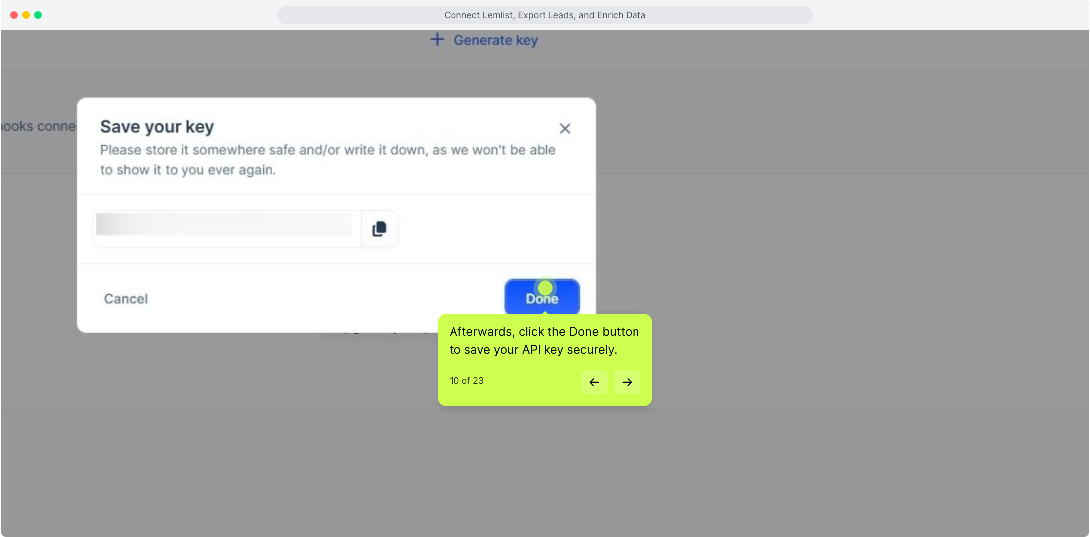 Save your key dialog with the Done button highlighted