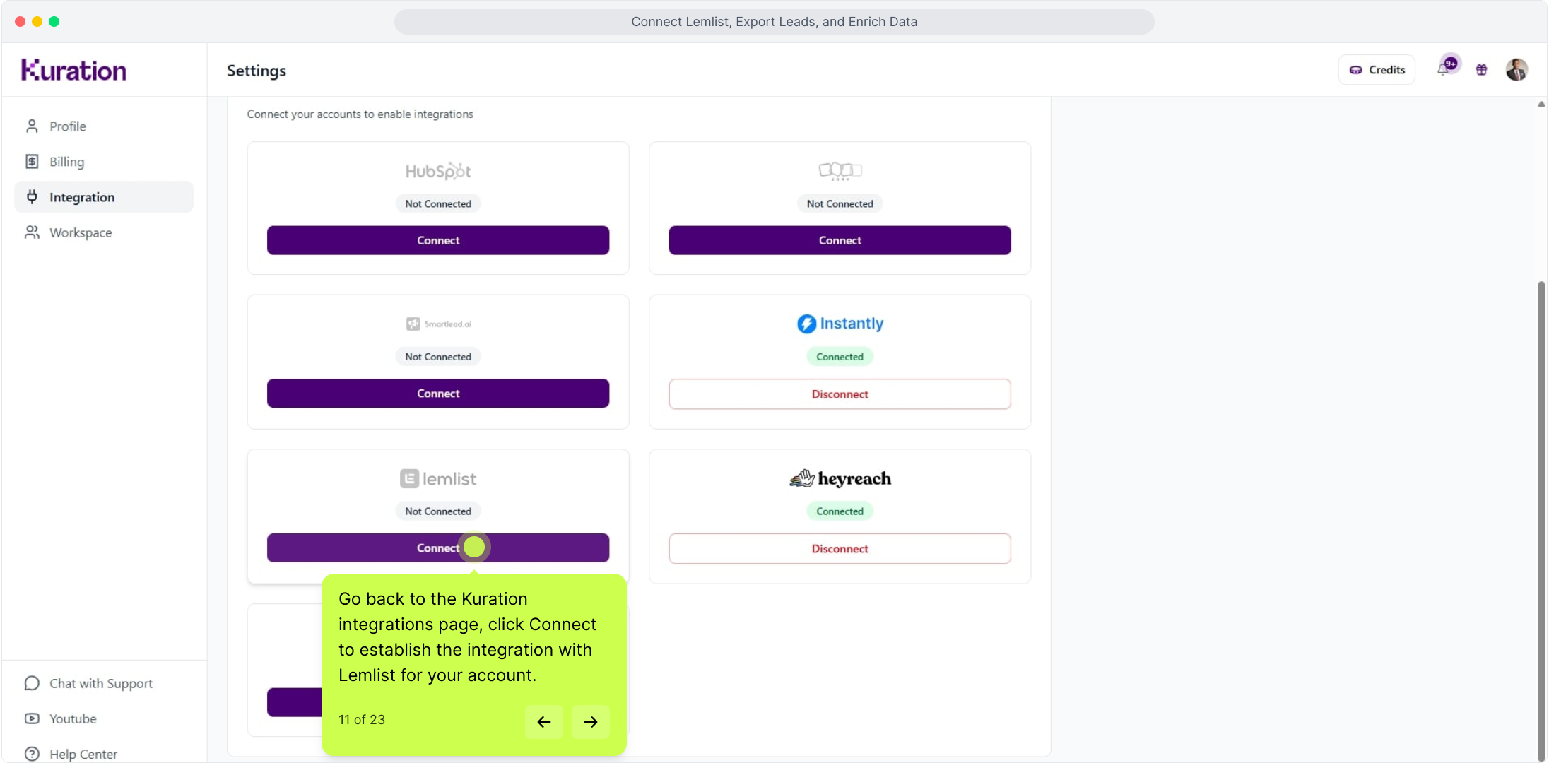 Integration settings with the Lemlist Connect button highlighted
