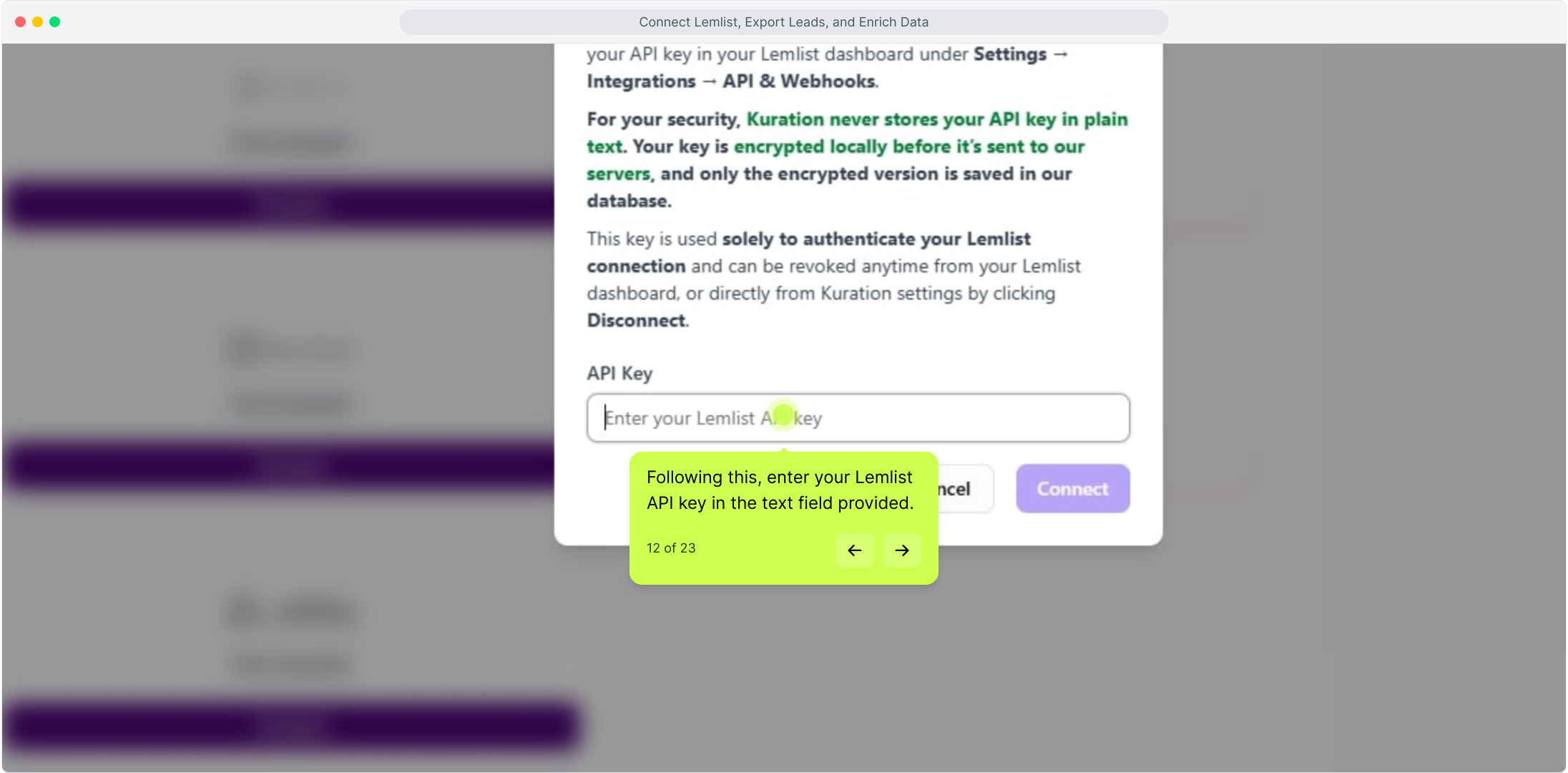 Connect to Lemlist dialog with the API Key field focused