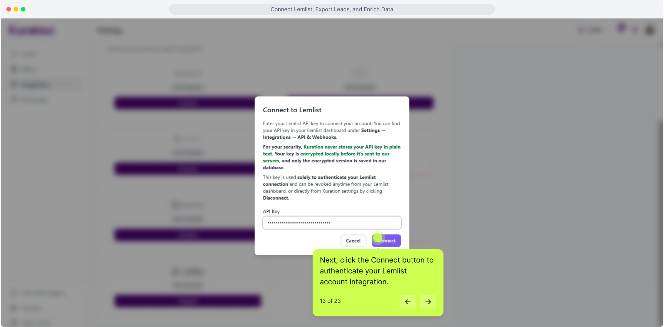 Connect to Lemlist dialog with the key pasted and Connect highlighted