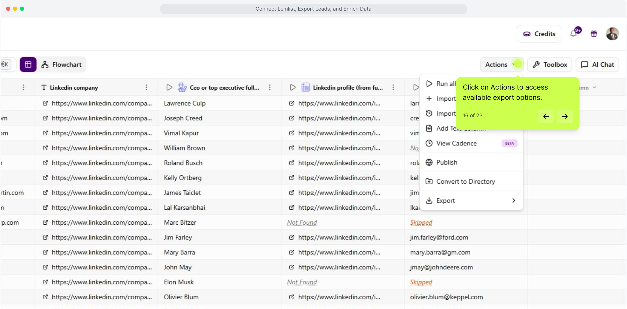 List toolbar with the Actions menu open