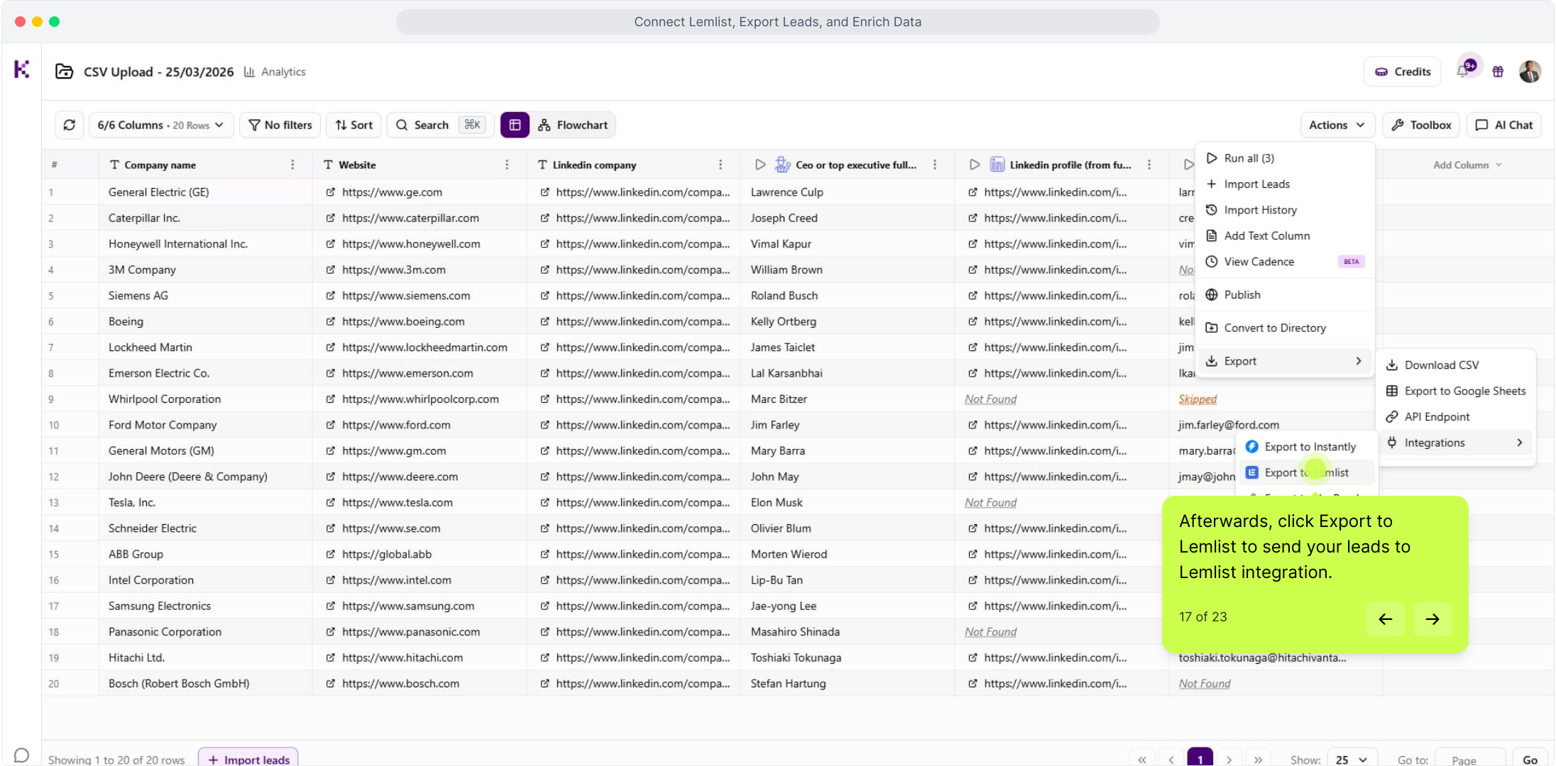 Export submenu with Export to Lemlist highlighted