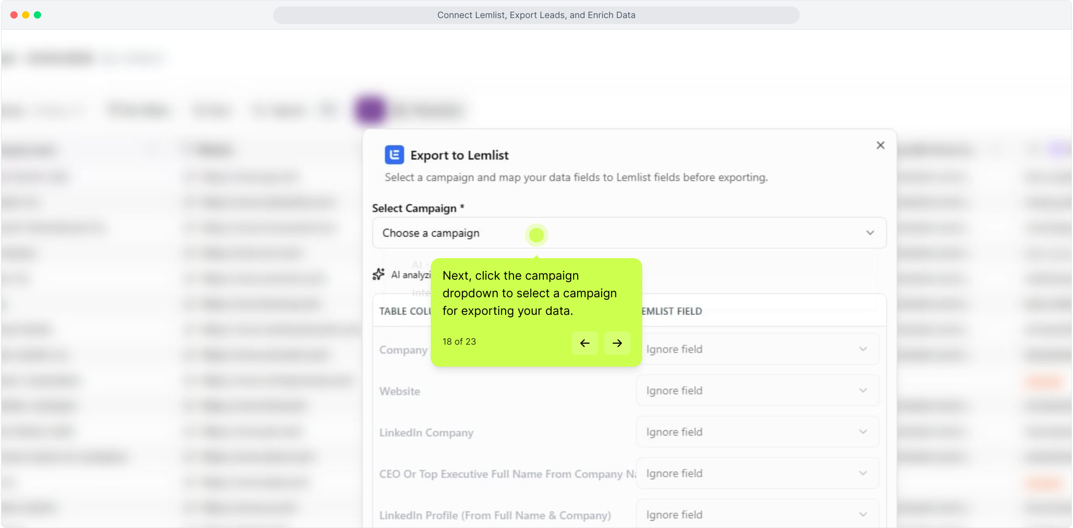 Export to Lemlist dialog with the campaign dropdown highlighted