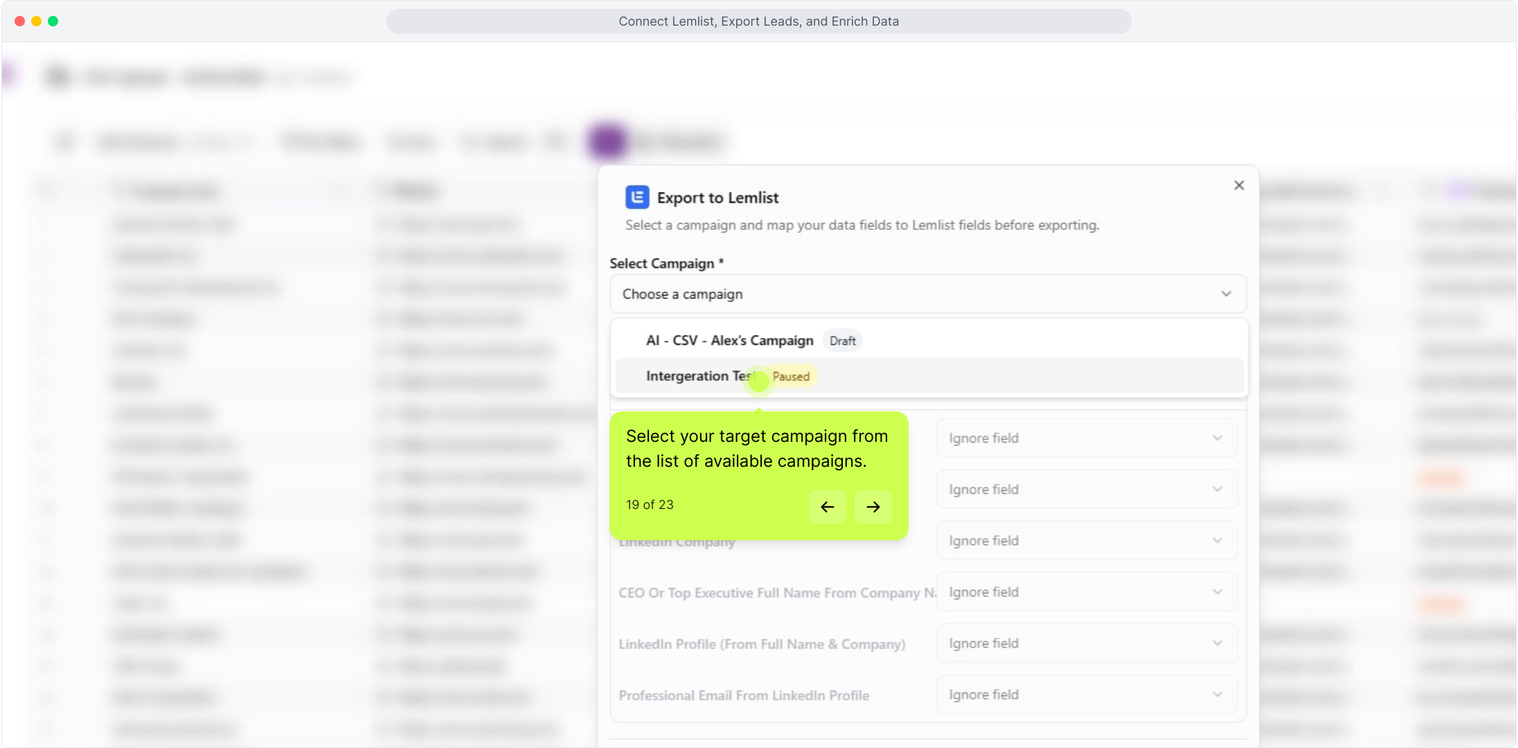 Export to Lemlist dialog with the campaign list open