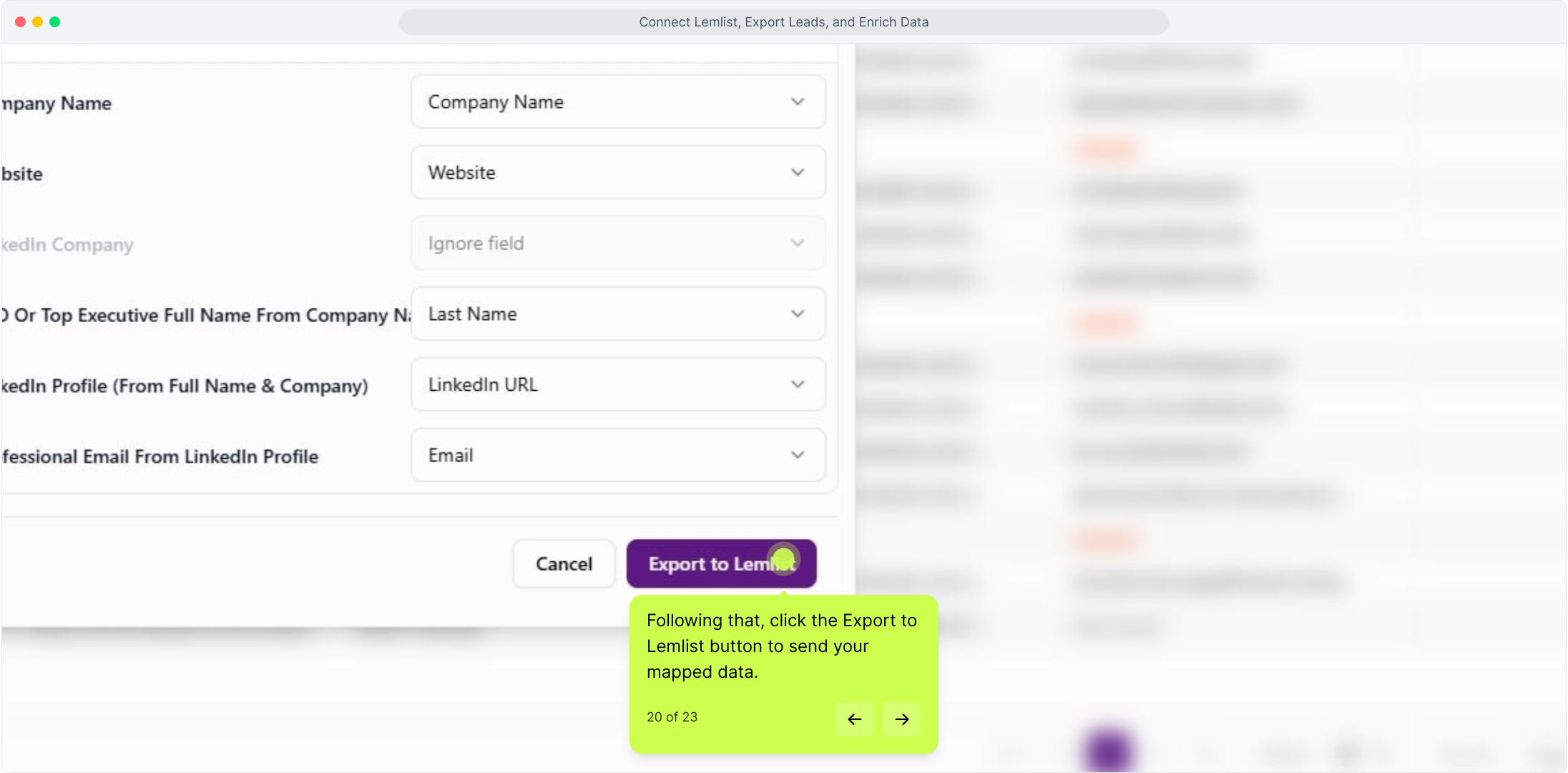 Export to Lemlist dialog with the mapped fields and Export button highlighted