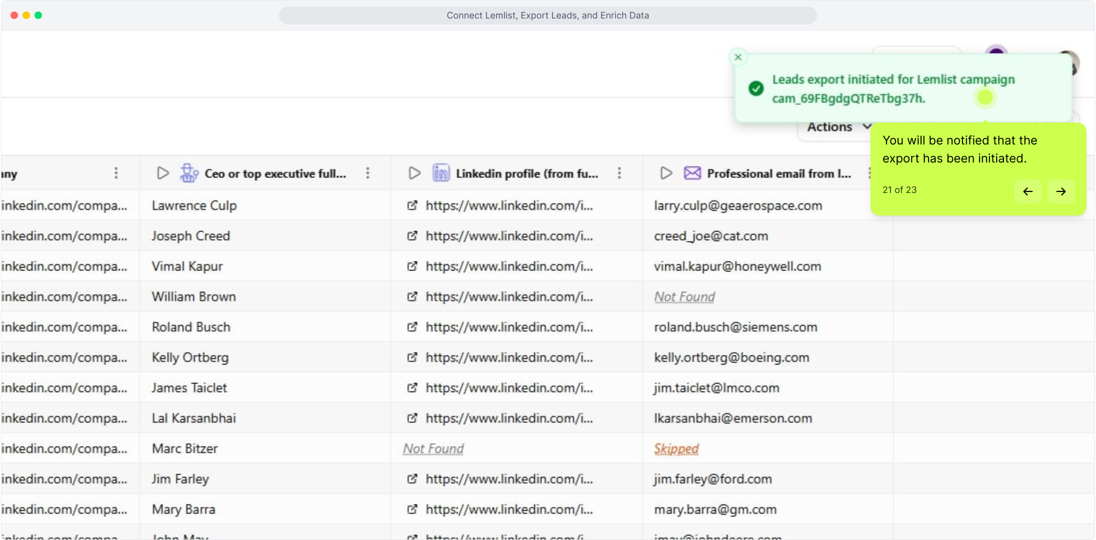 Notification confirming the leads export was initiated for the Lemlist campaign