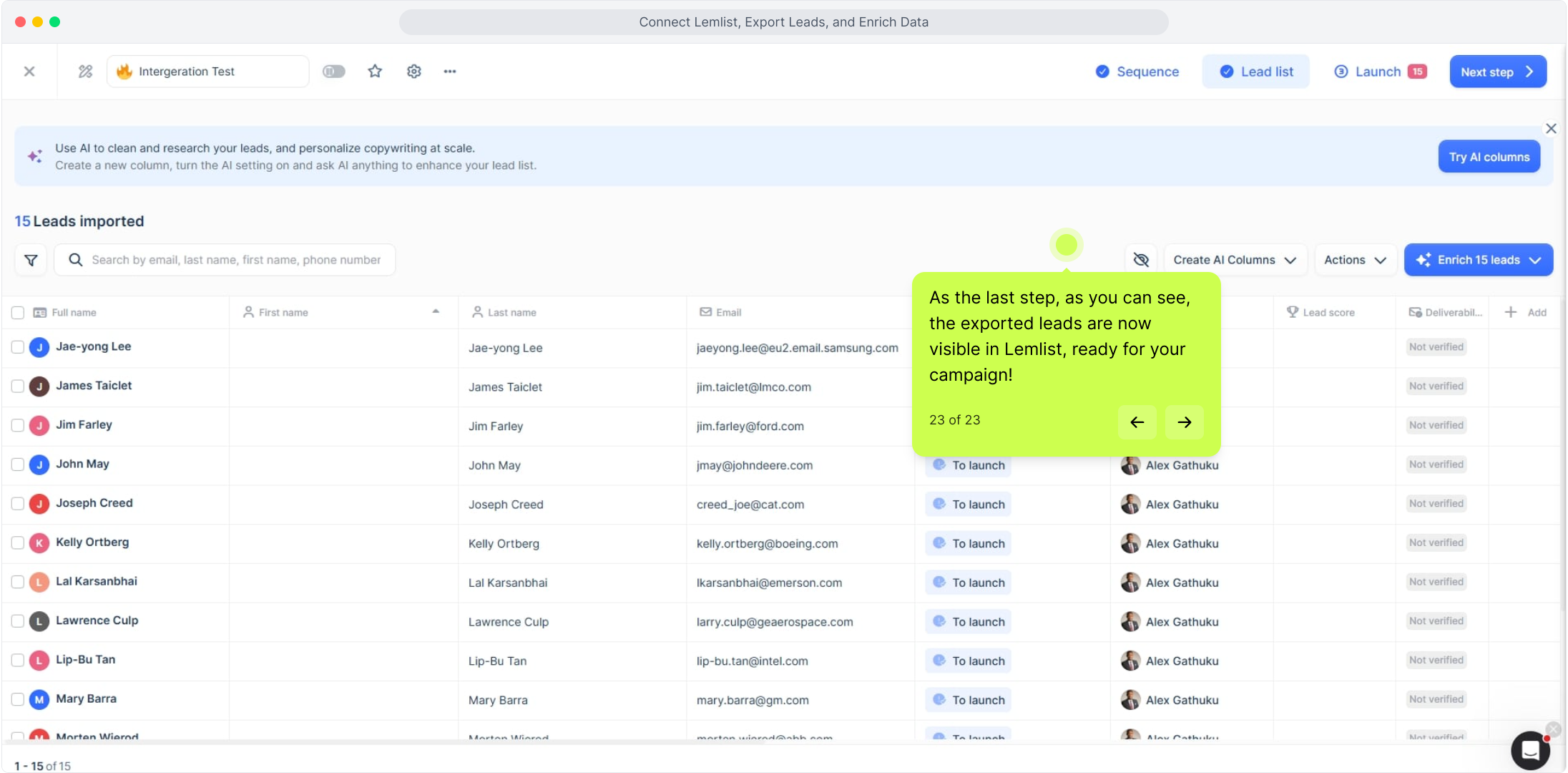 Lemlist Lead list showing the leads imported from Kuration