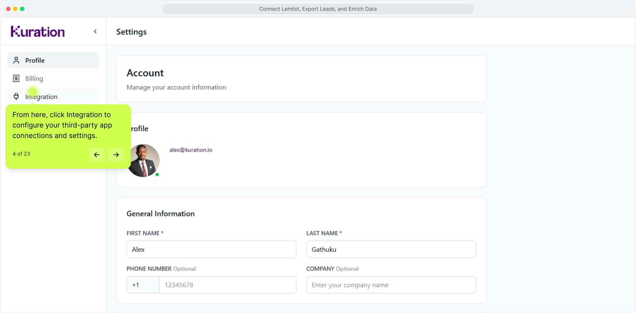 Settings sidebar with Integration highlighted