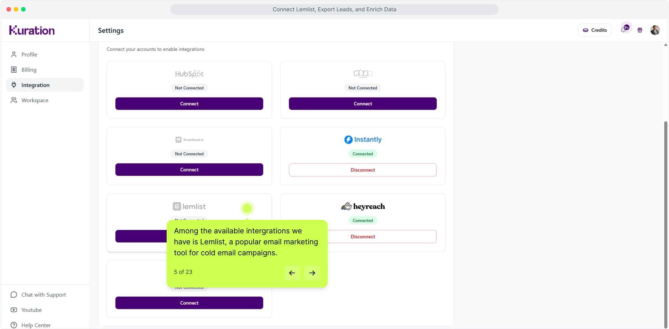 Integration settings with the Lemlist card not yet connected