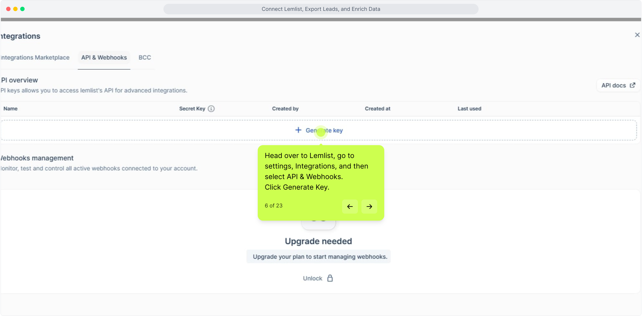 Lemlist API & Webhooks tab with the Generate key button highlighted