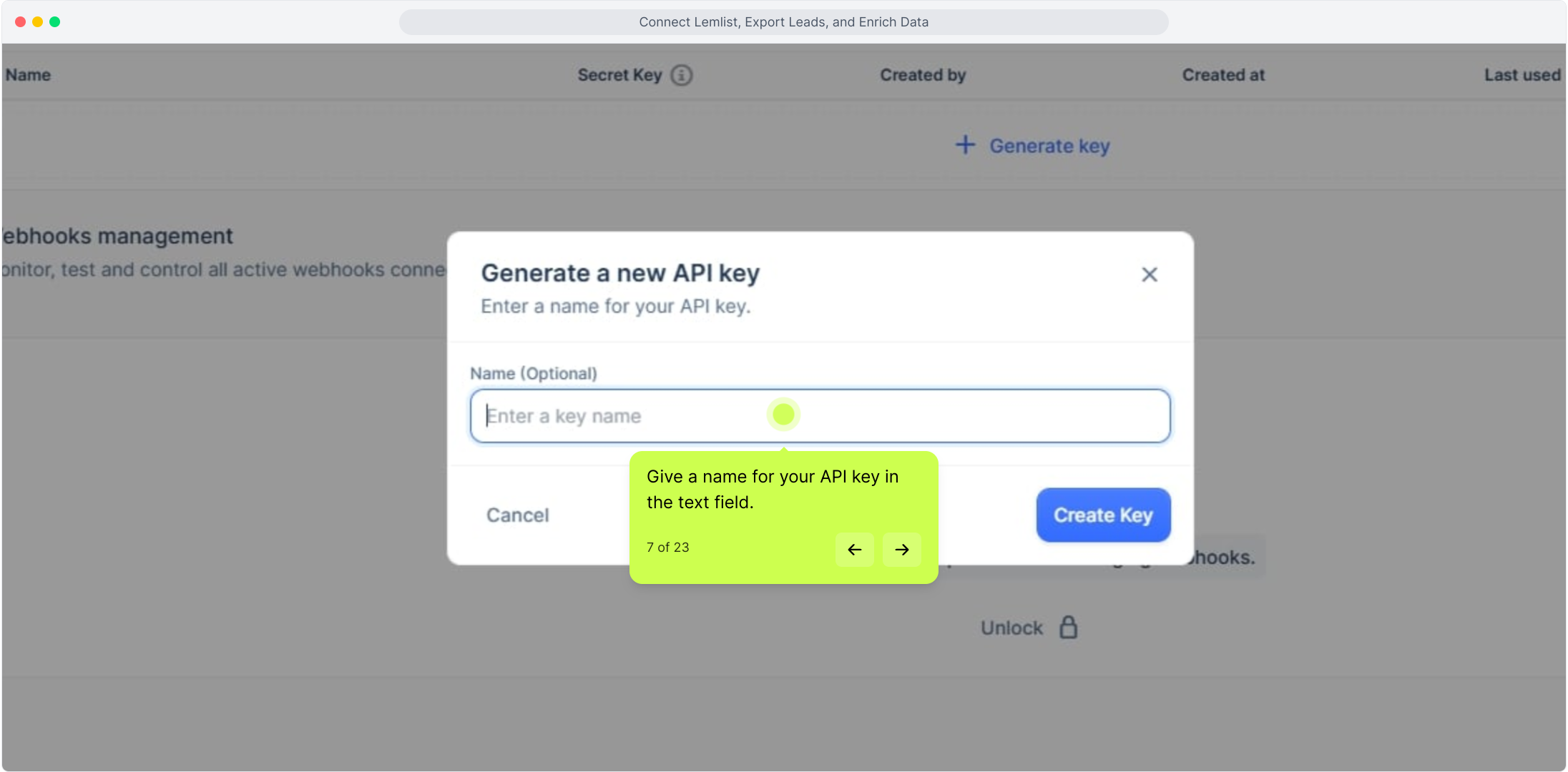 Generate a new API key dialog with the Name field focused