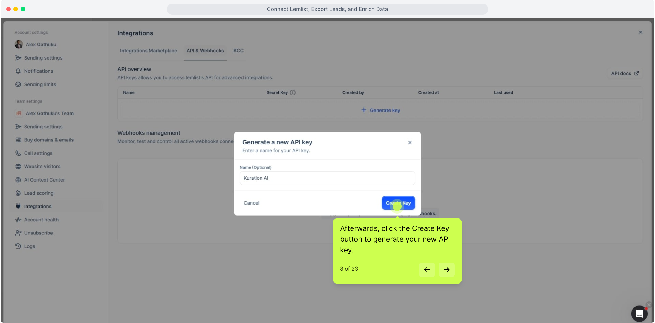 Generate a new API key dialog with Create Key highlighted