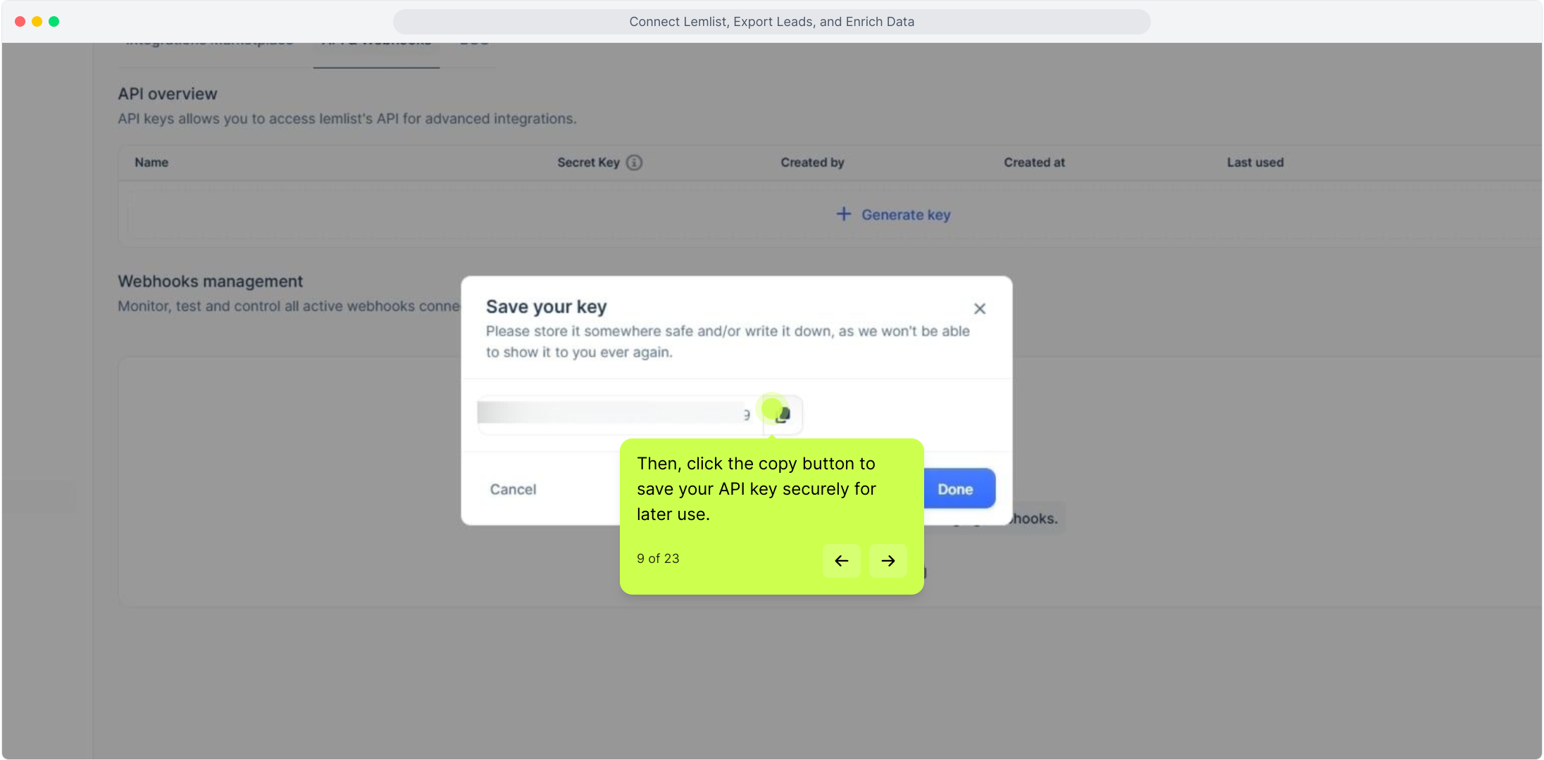 Save your key dialog with the copy button highlighted