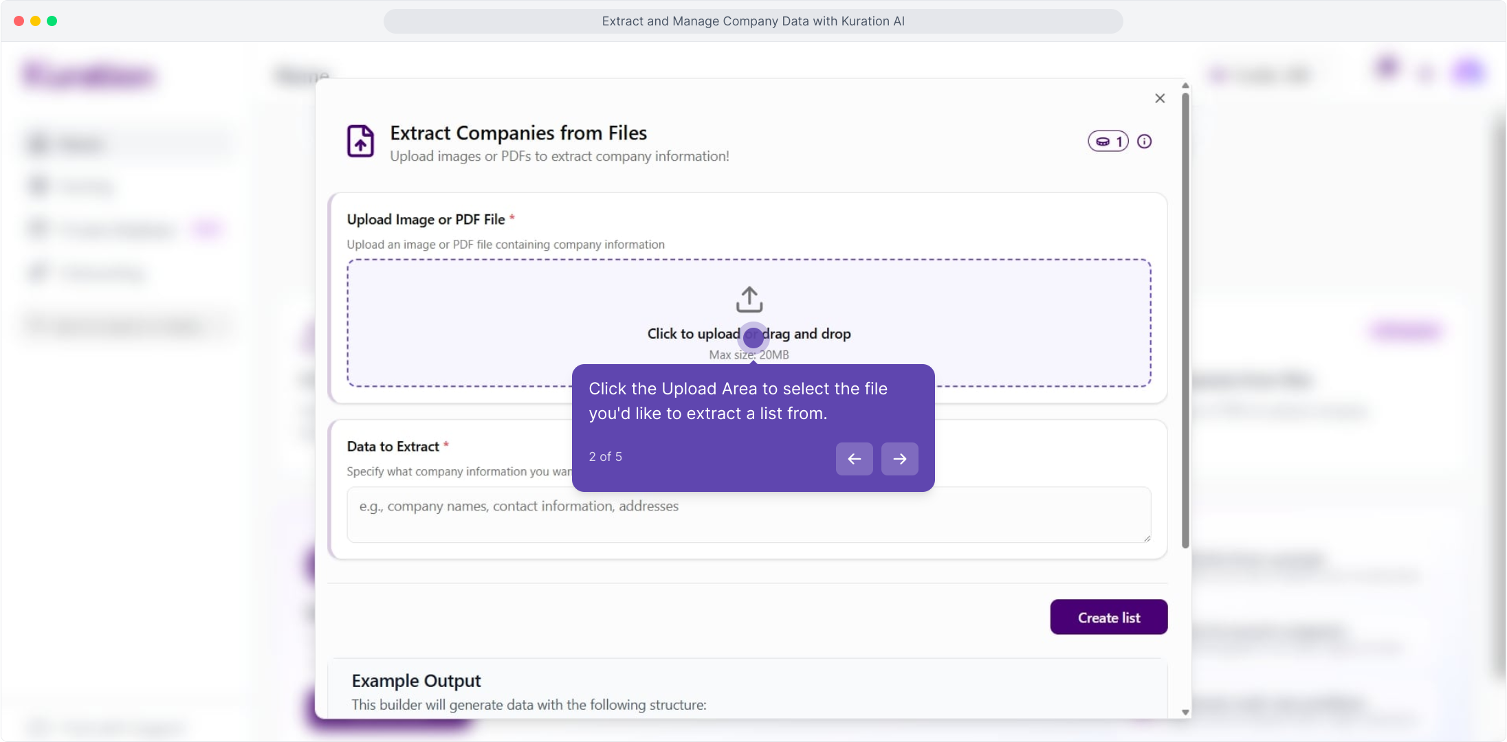 Extract Companies from Files dialog with the upload area highlighted