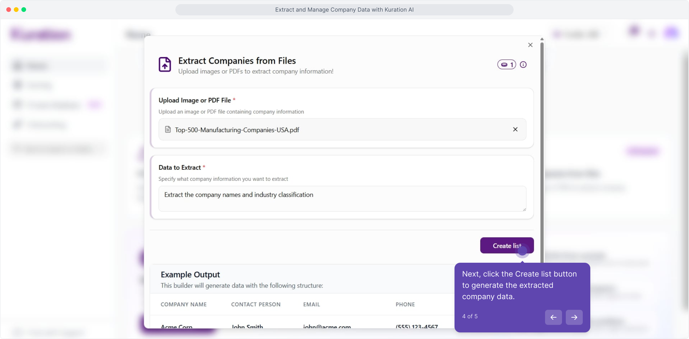Dialog with a PDF uploaded and the Create list button highlighted