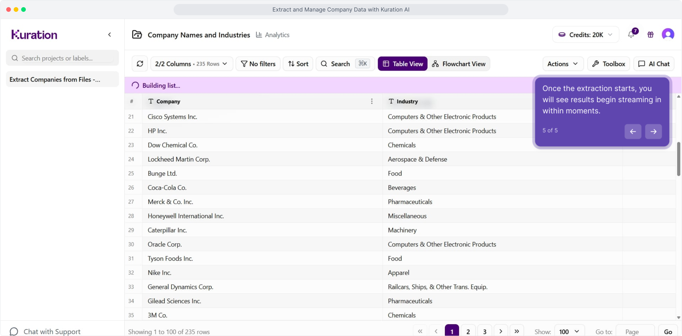 Kuration table filling with extracted company names and industries