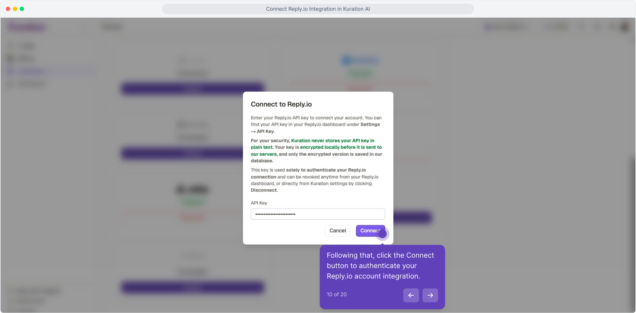 Connect to Reply.io dialog with the API key filled and Connect highlighted