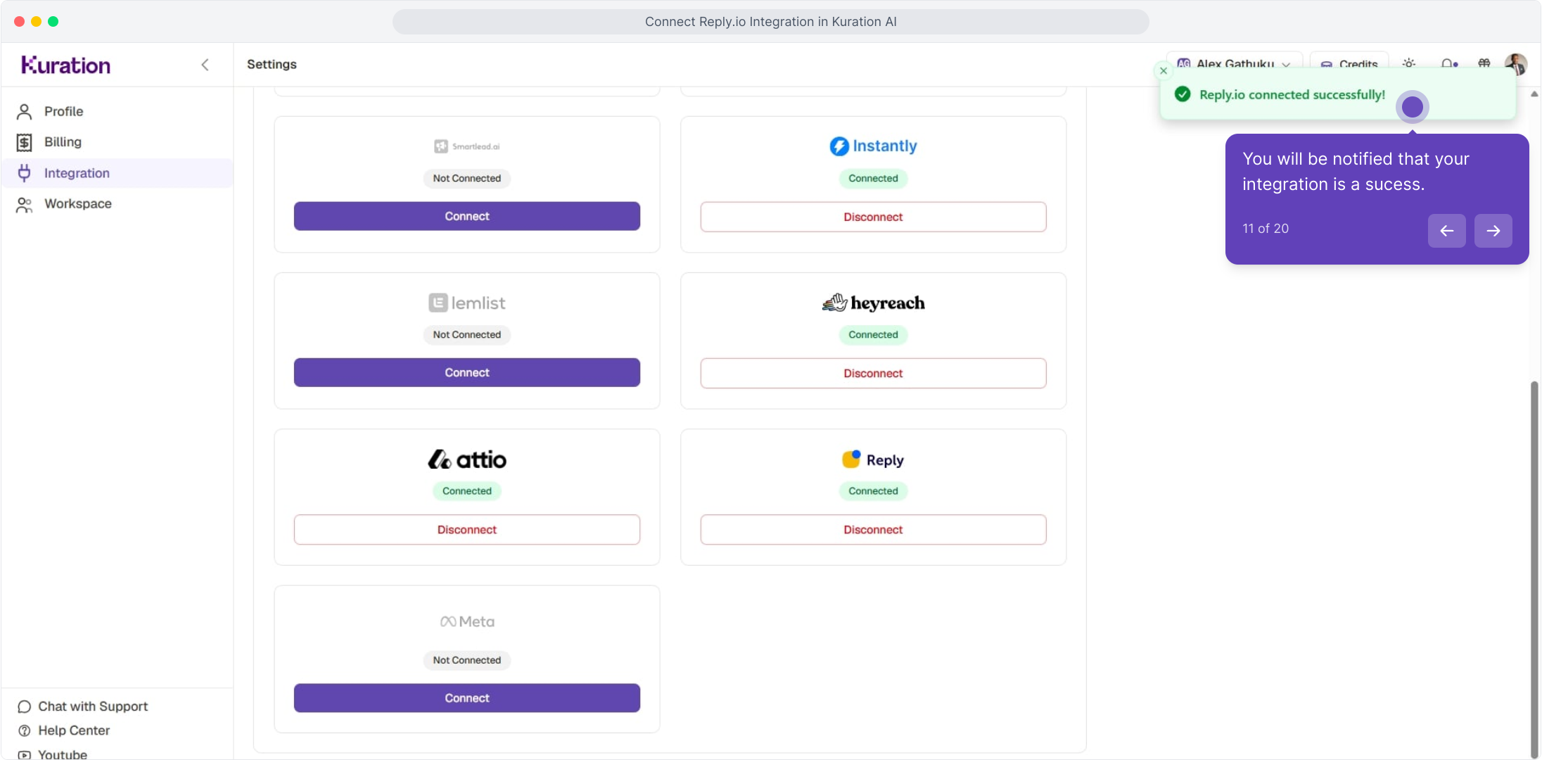 Reply.io connected successfully notification with the card showing Connected