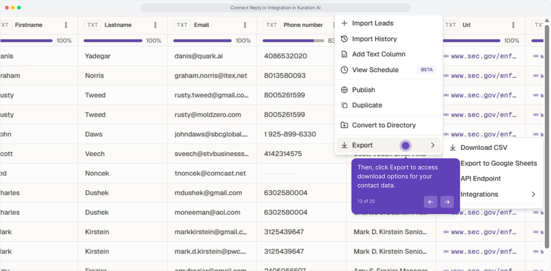 Actions menu with Export highlighted