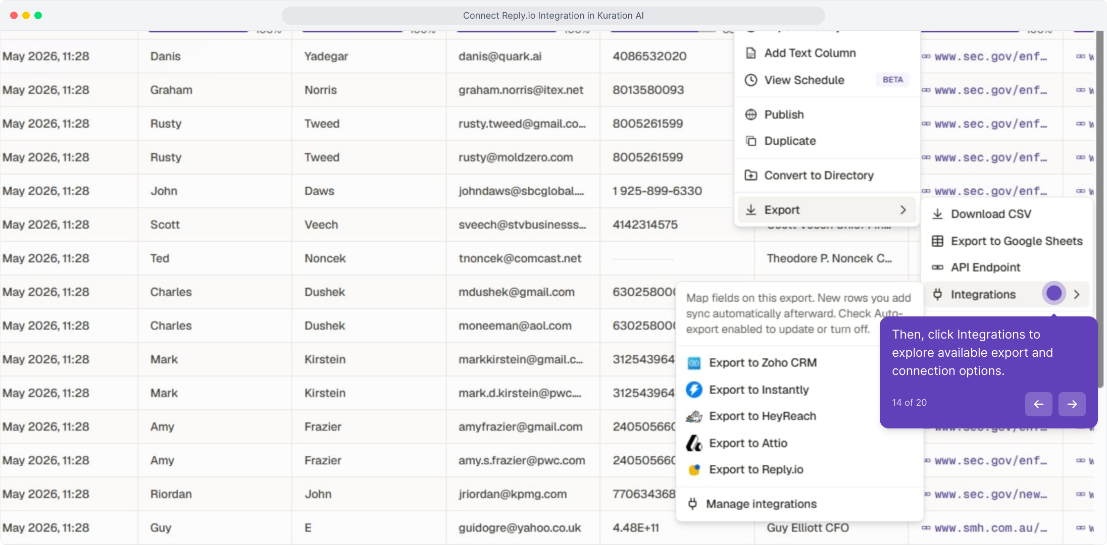 Export submenu with Integrations highlighted