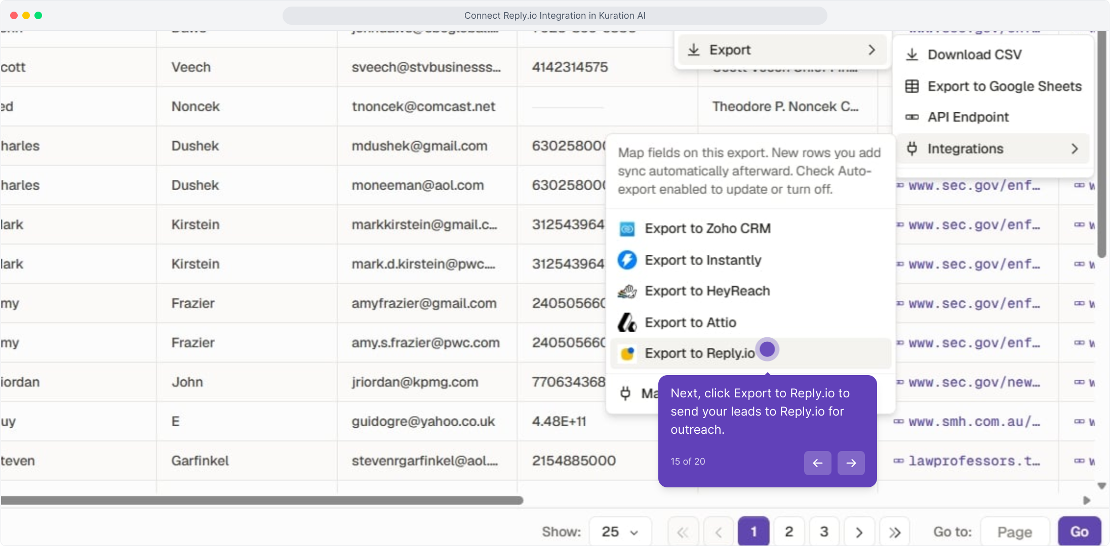 Integrations submenu with Export to Reply.io highlighted