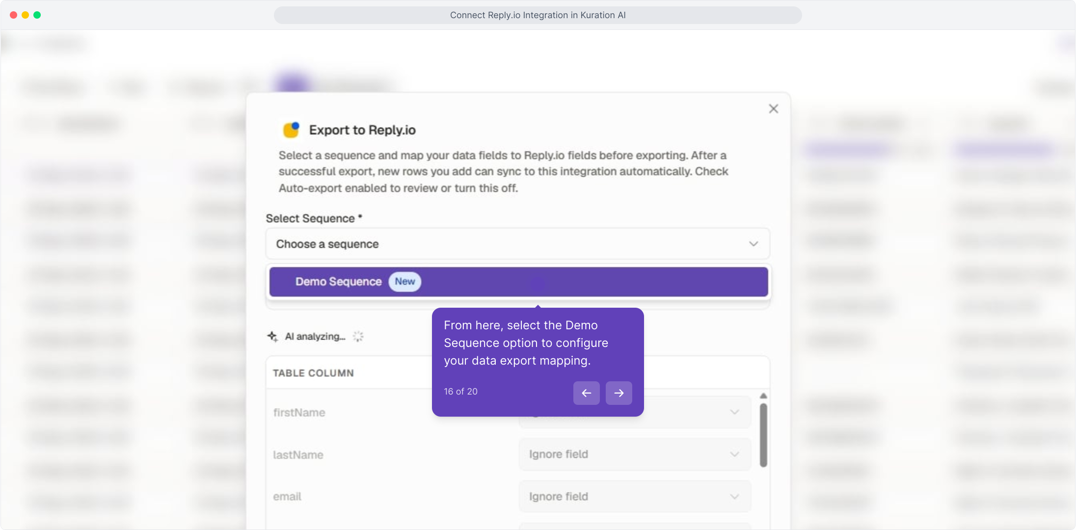 Export to Reply.io dialog with the Demo Sequence option selected