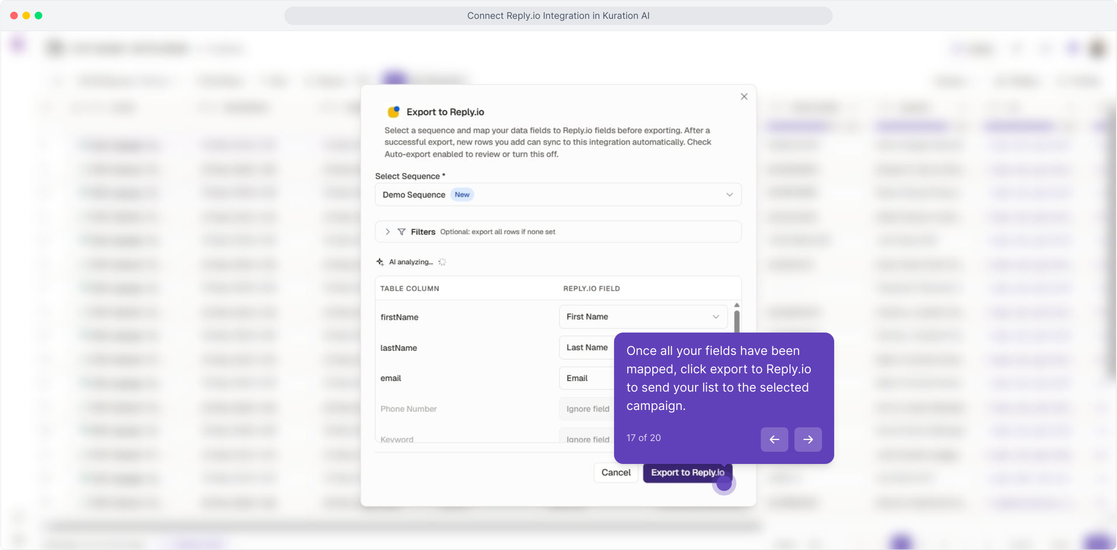 Export to Reply.io dialog showing table columns mapped to Reply.io fields