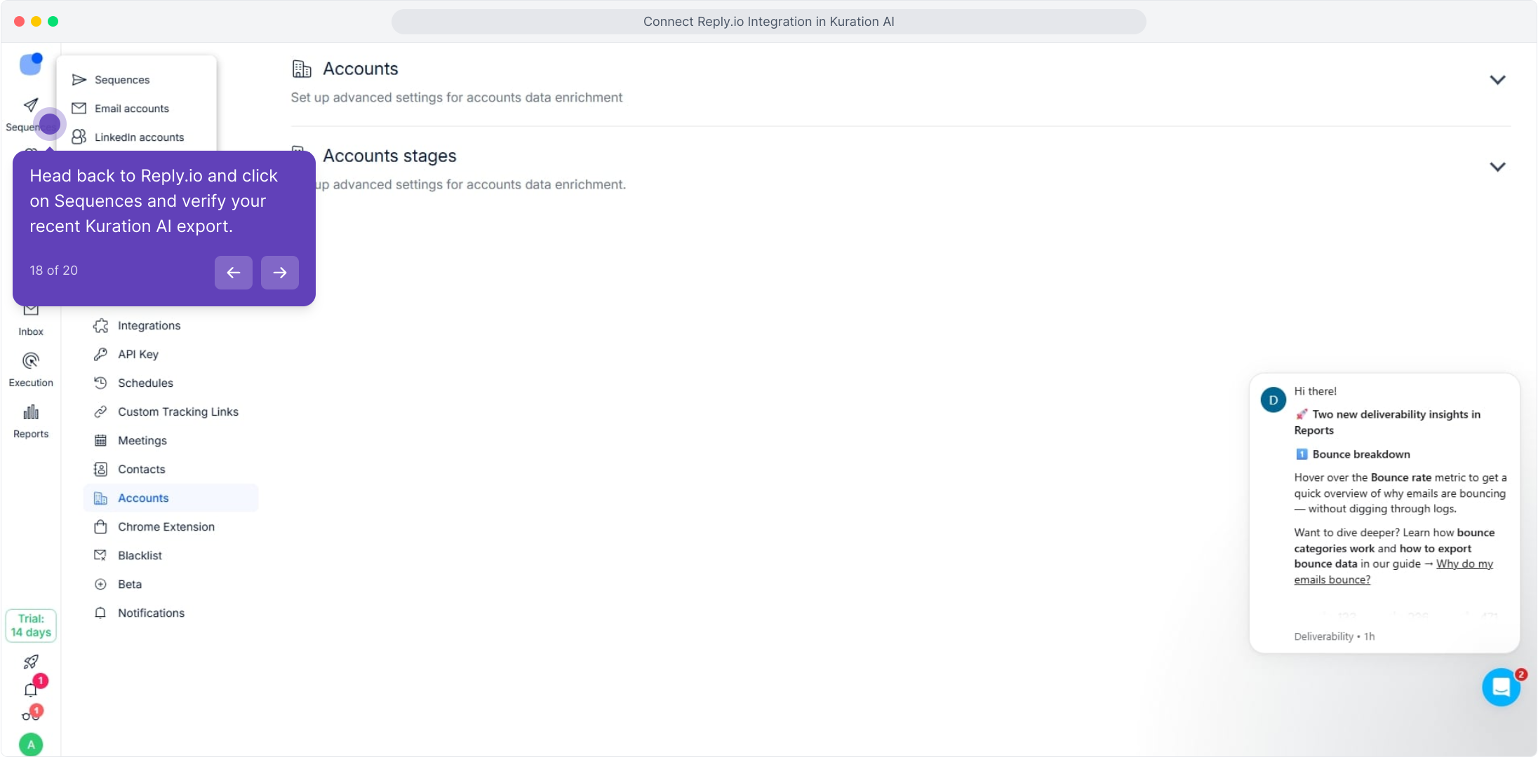 Reply.io sidebar with the Sequences menu open