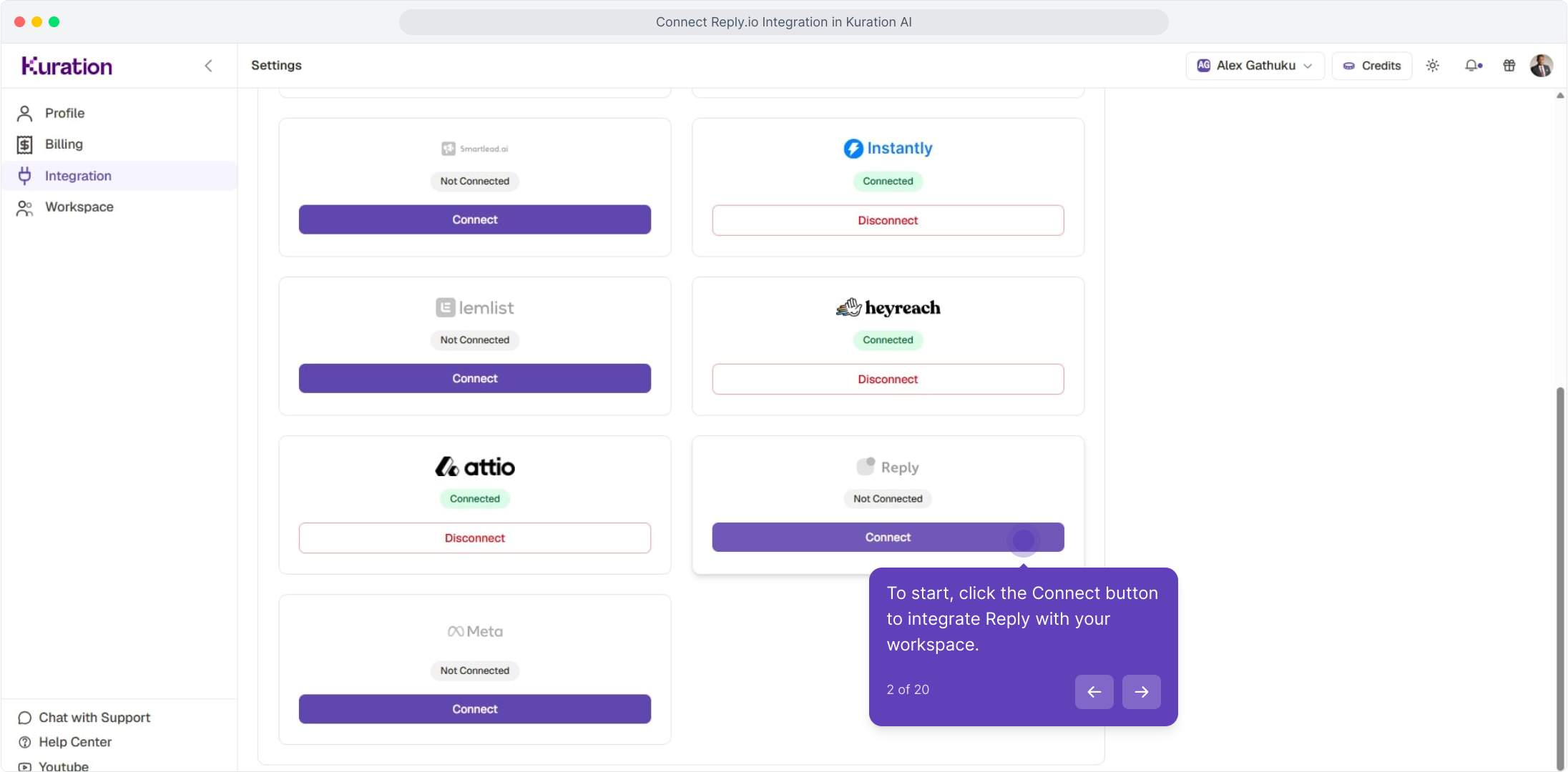 Integration settings with the Reply card Connect button highlighted