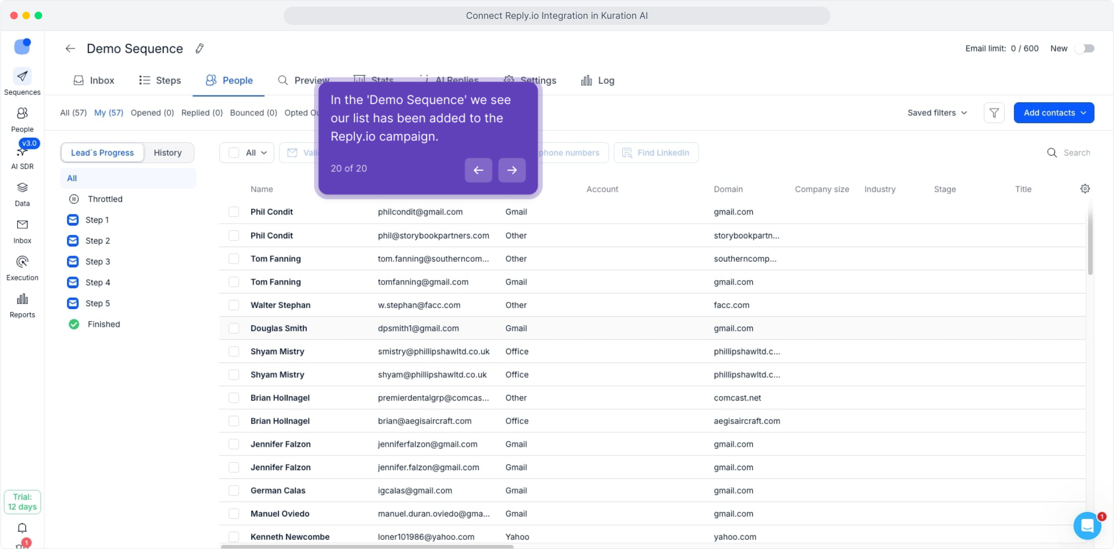 Demo Sequence People tab listing the contacts exported from Kuration