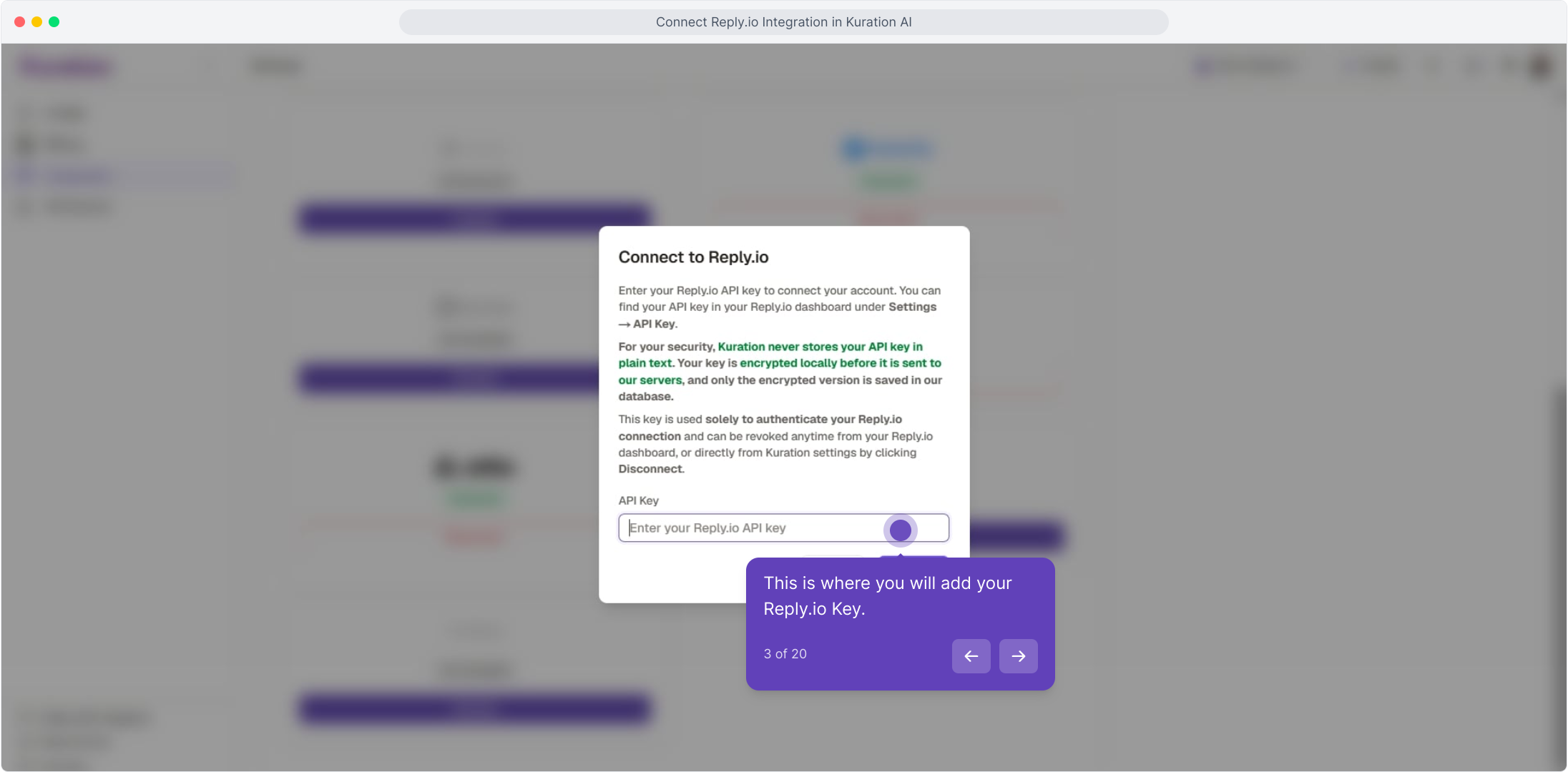 Connect to Reply.io dialog with the API Key field