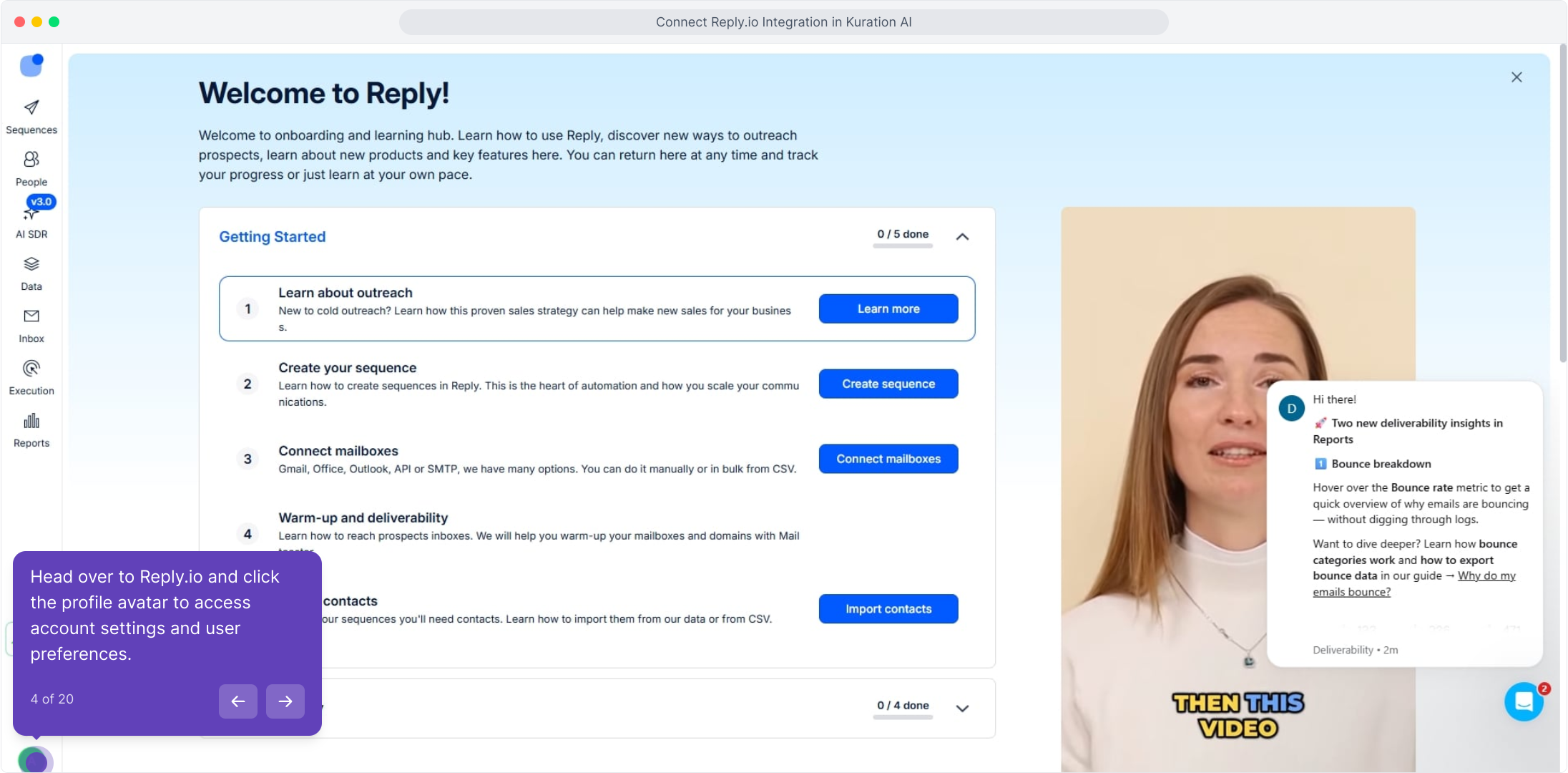 Reply.io welcome screen with the profile avatar highlighted