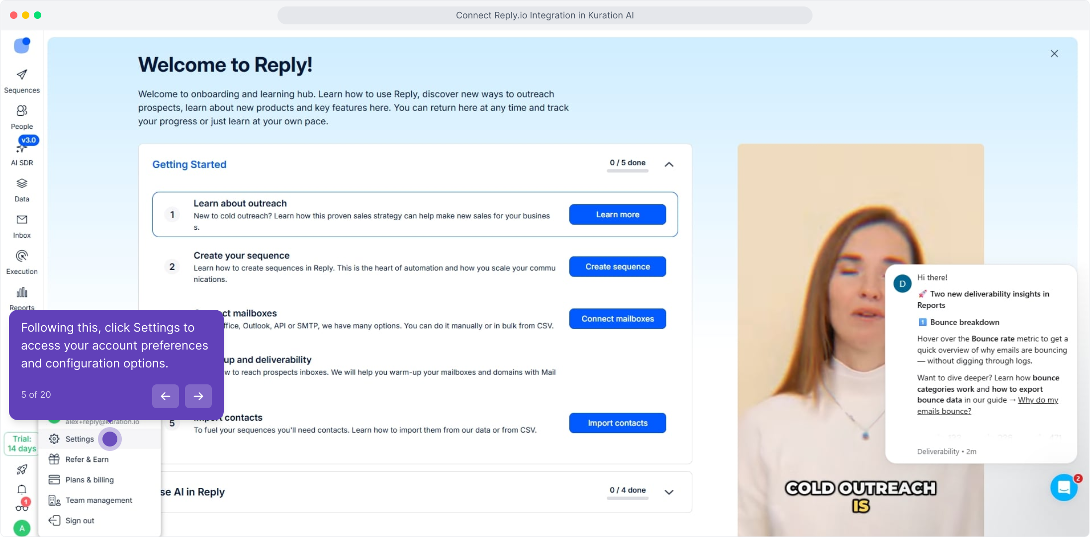 Reply.io profile menu with Settings highlighted