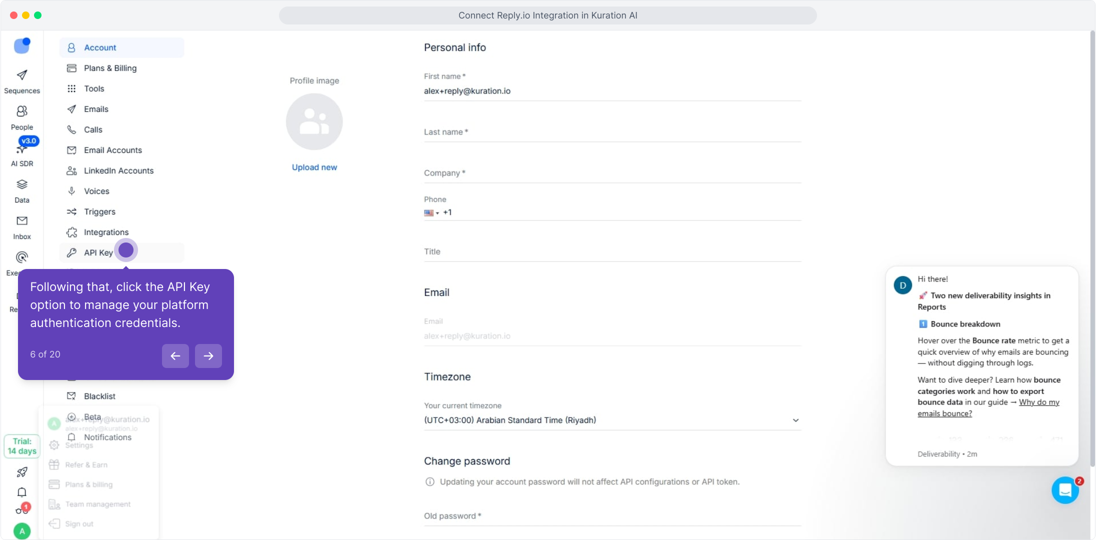 Reply.io settings sidebar with API Key highlighted