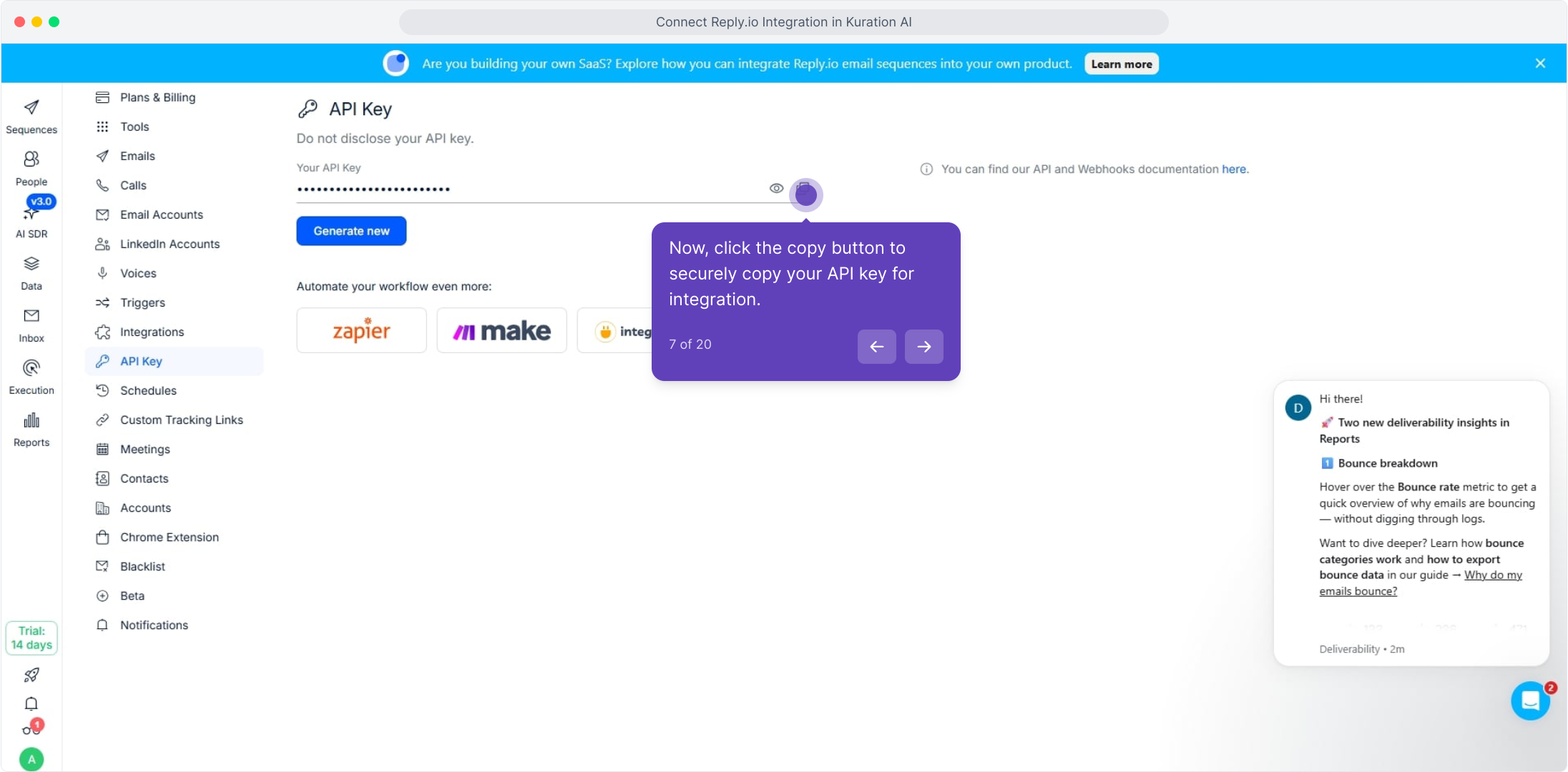 Reply.io API Key page with the copy button highlighted