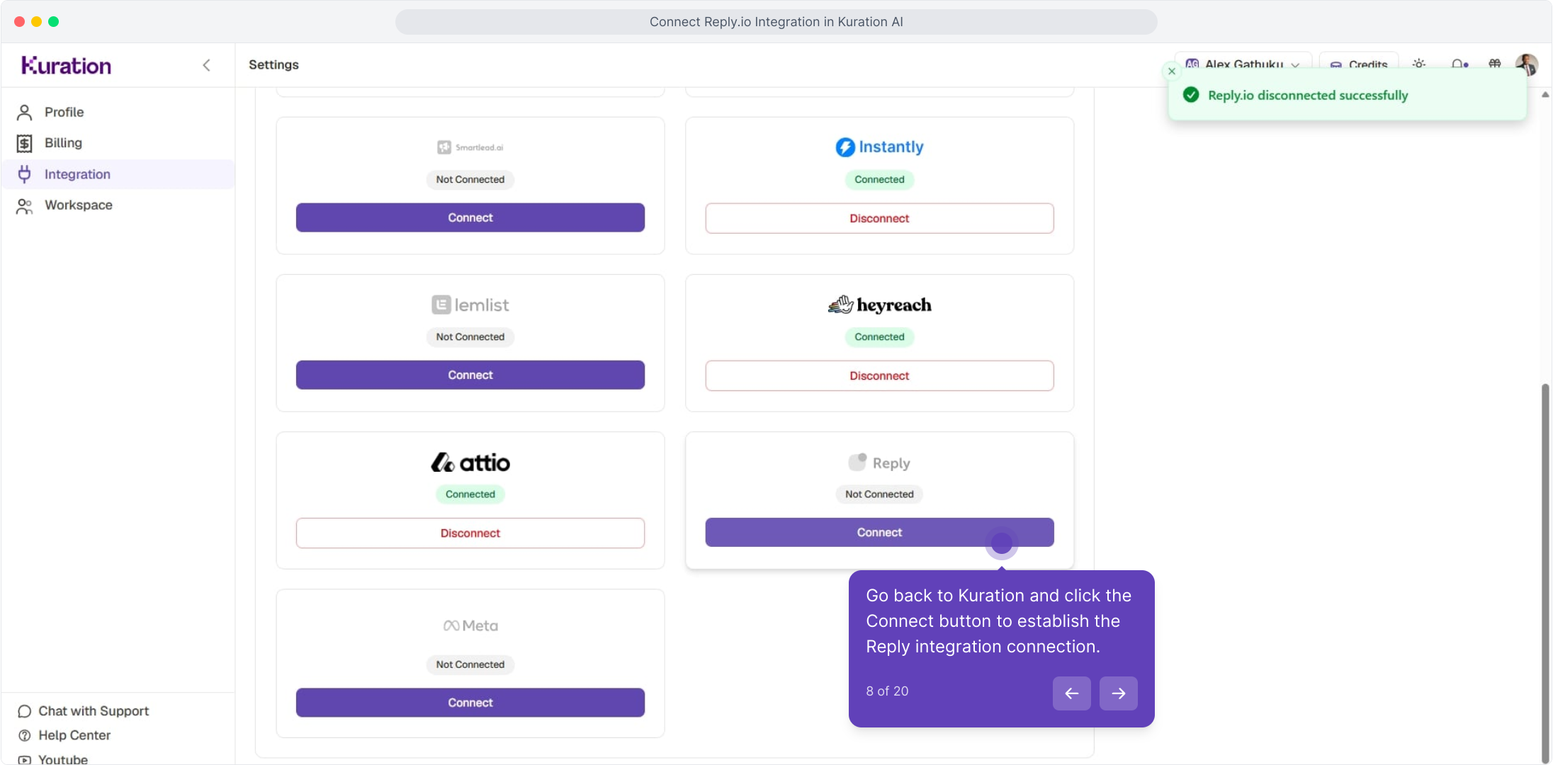 Kuration integration settings with the Reply Connect button highlighted