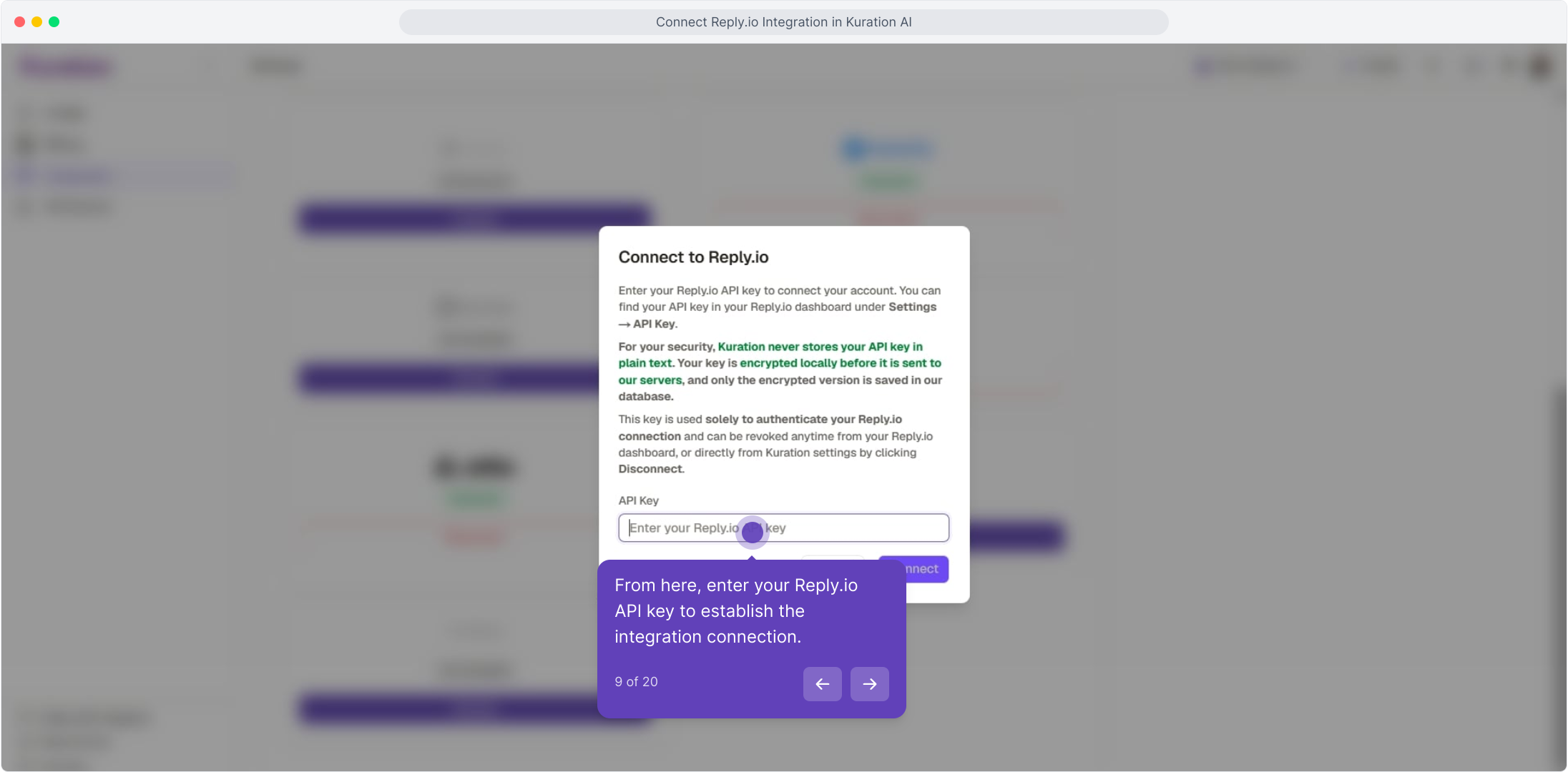 Connect to Reply.io dialog with the API key field focused