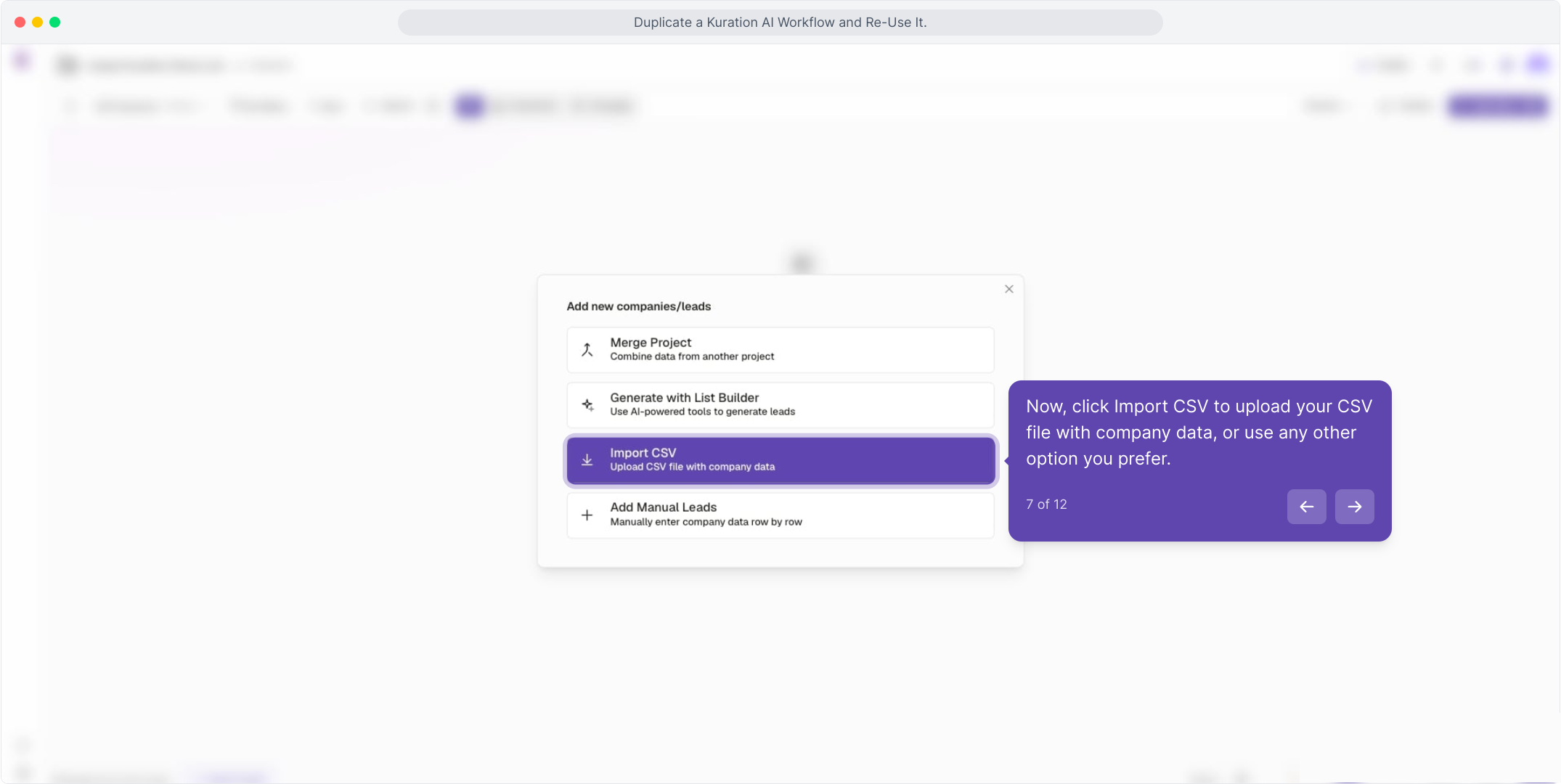 Add new companies dialog with Import CSV highlighted