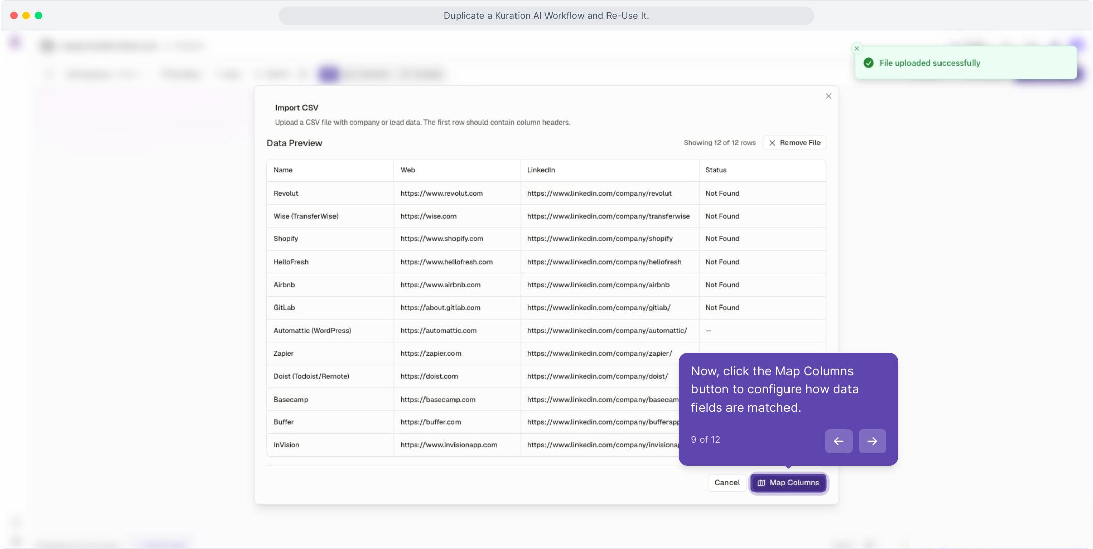CSV data preview with the Map Columns button highlighted