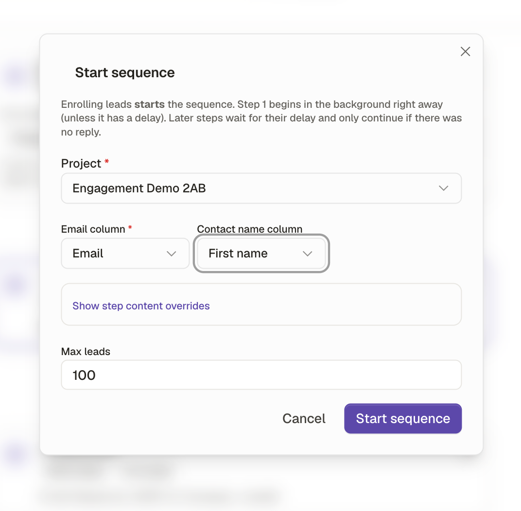 Start sequence dialog in Kuration with project, email column and max leads