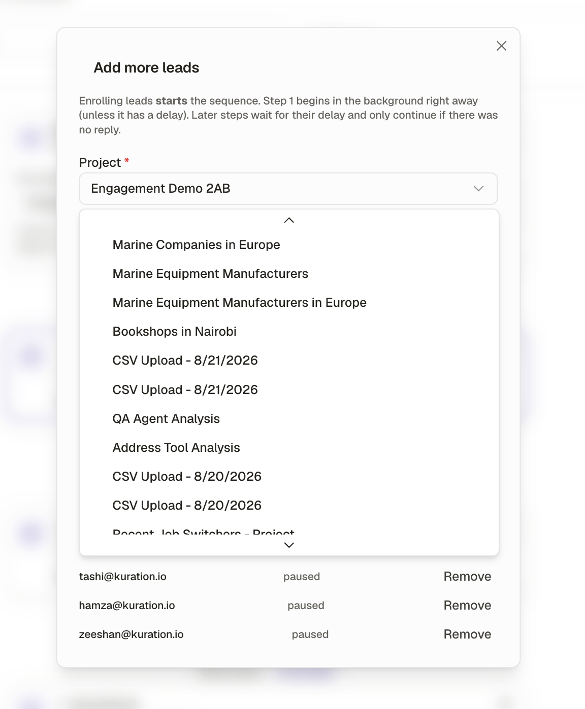 Add more leads dialog with the project list open