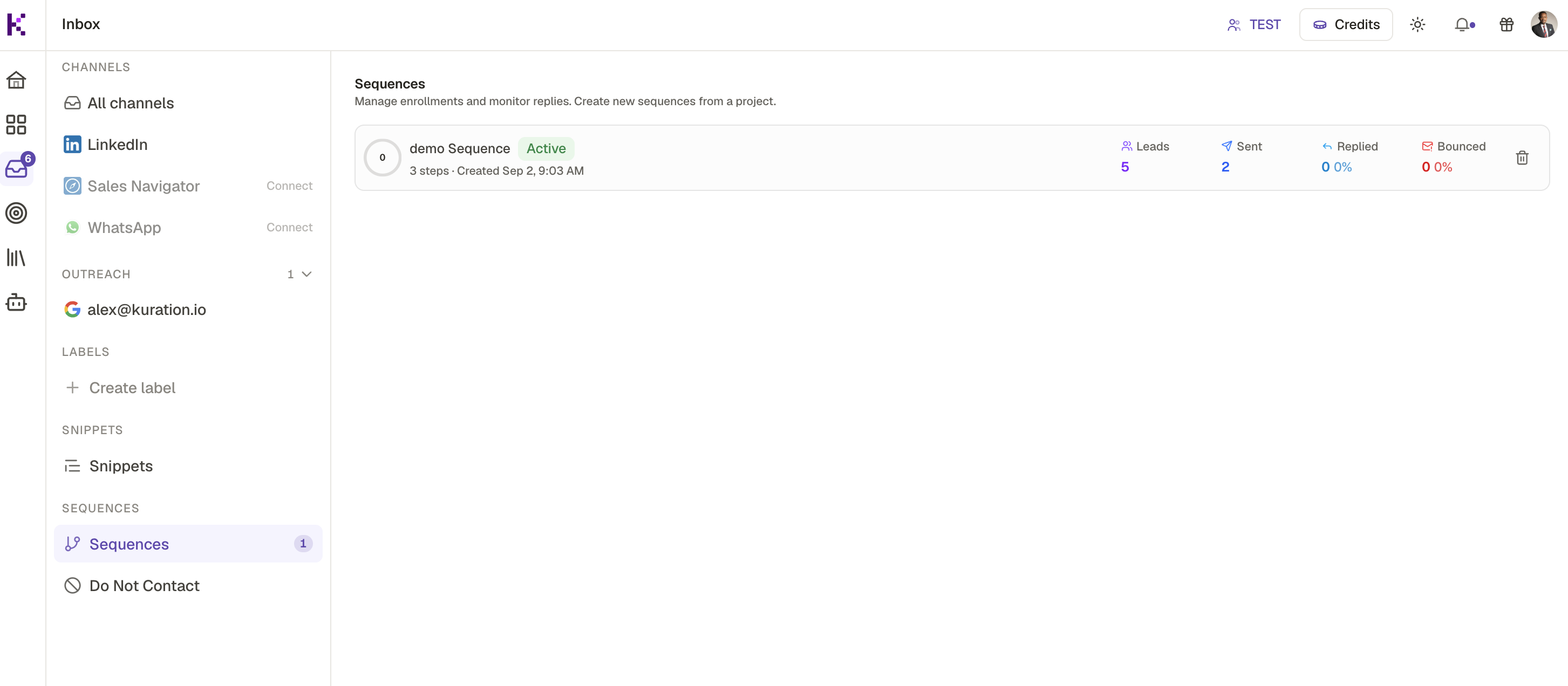 Sequences list in the Kuration inbox showing an active sequence with leads, sent, replied and bounced stats