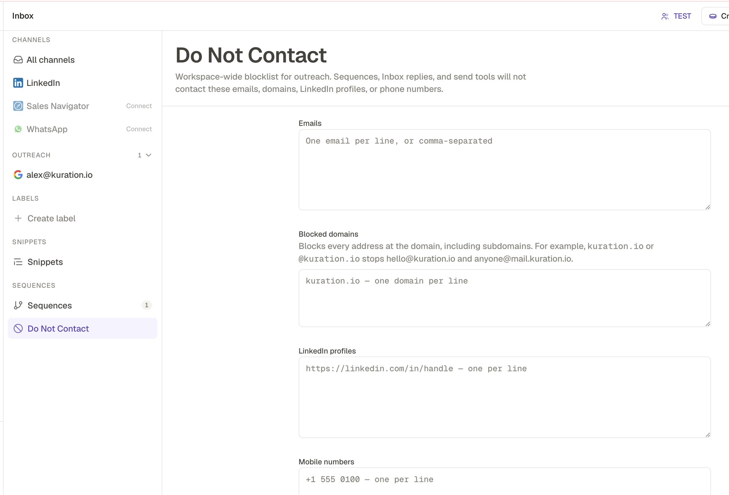 Do Not Contact page with fields for emails, blocked domains, LinkedIn profiles and mobile numbers