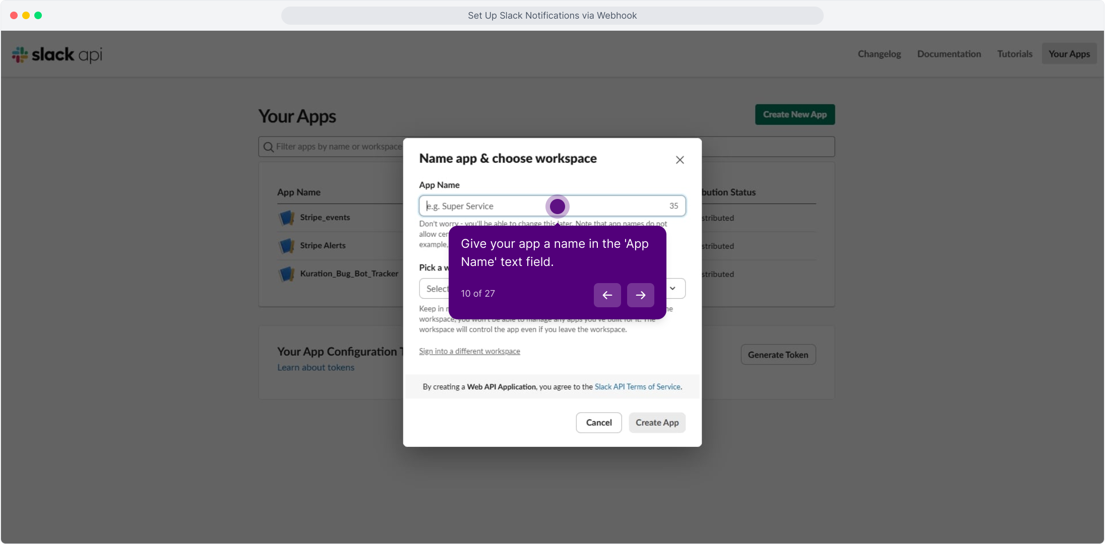 Name app and choose workspace dialog with the App Name field highlighted