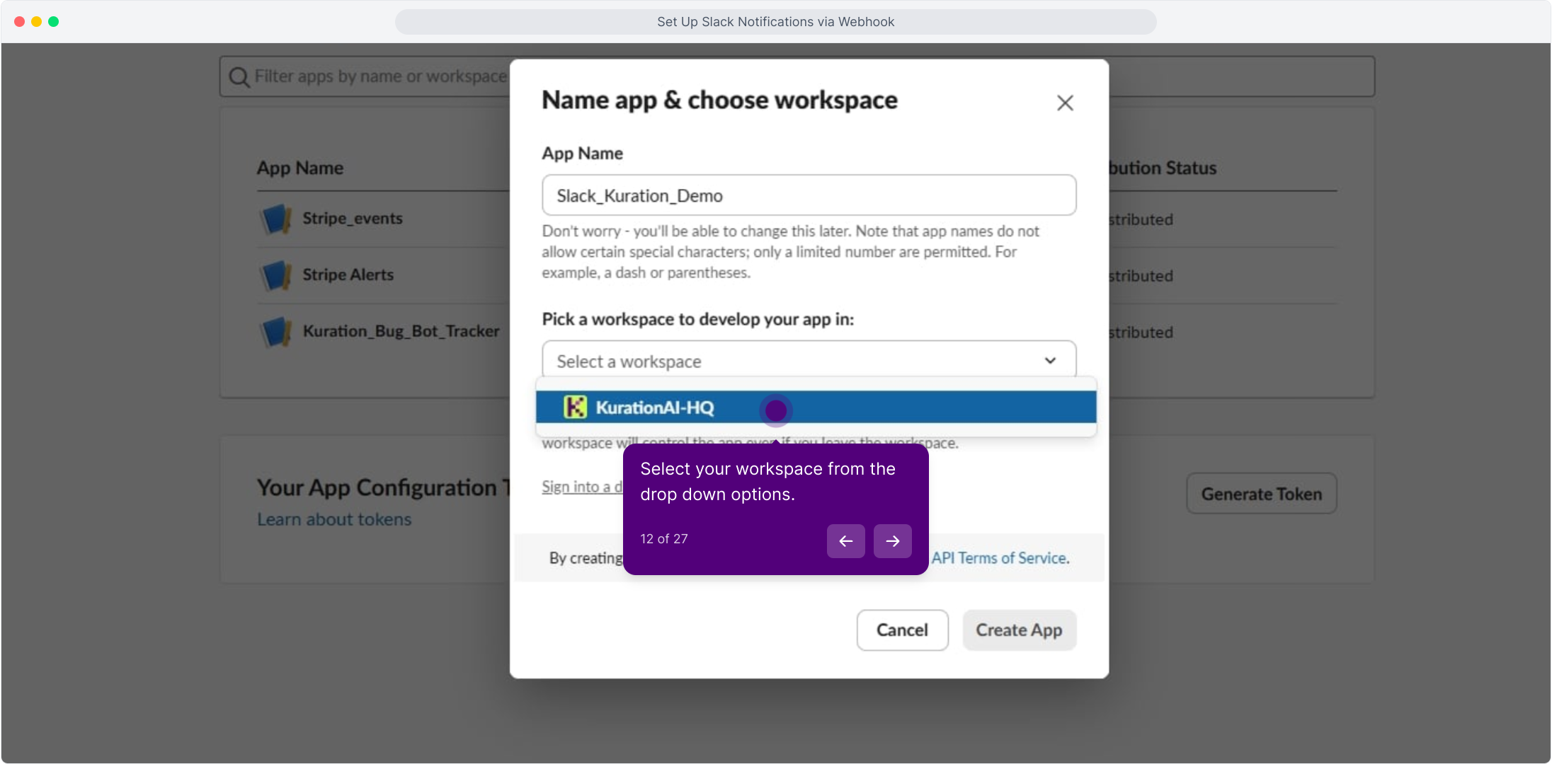 Workspace dropdown open with KurationAI-HQ selected