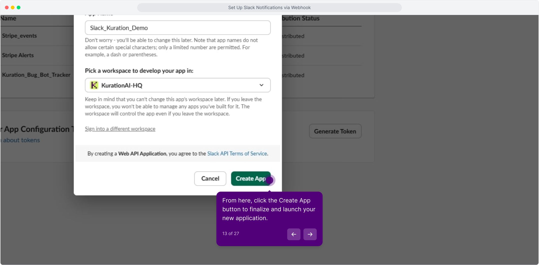 Dialog with the Create App button highlighted