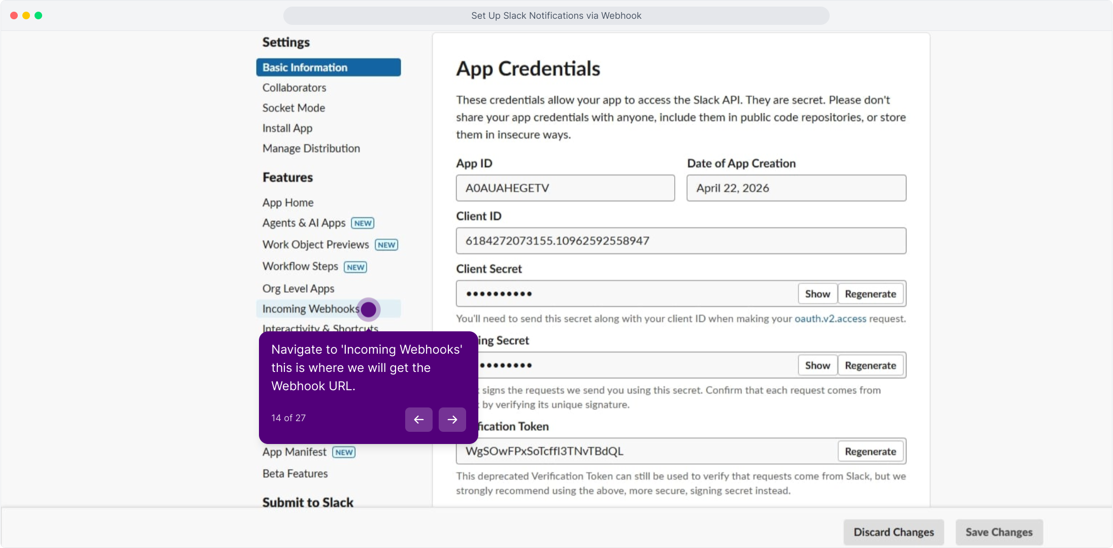 Slack app credentials page with Incoming Webhooks highlighted in the sidebar