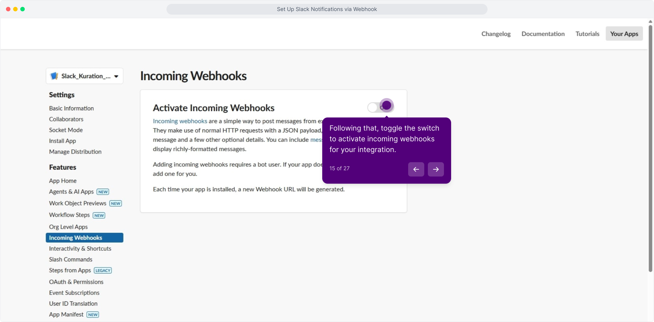 Incoming Webhooks page with the activation toggle highlighted