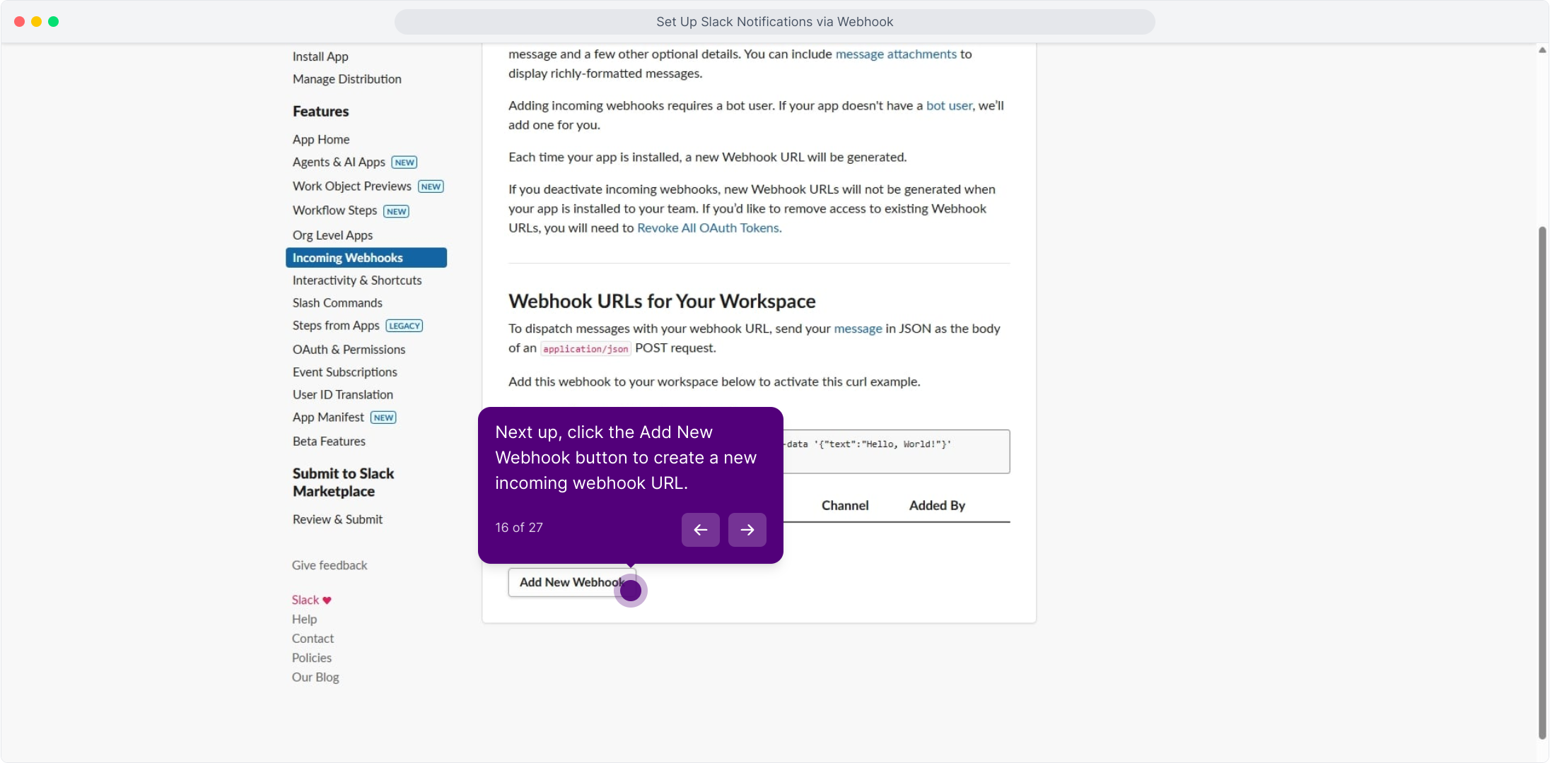 Webhook URLs section with the Add New Webhook button highlighted